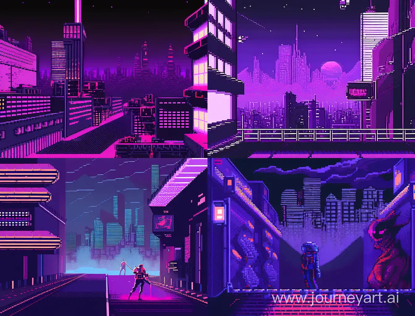 Futuristic-Cyberpunk-Cityscape-in-Vibrant-Purple-and-Pink-Pixel-Art