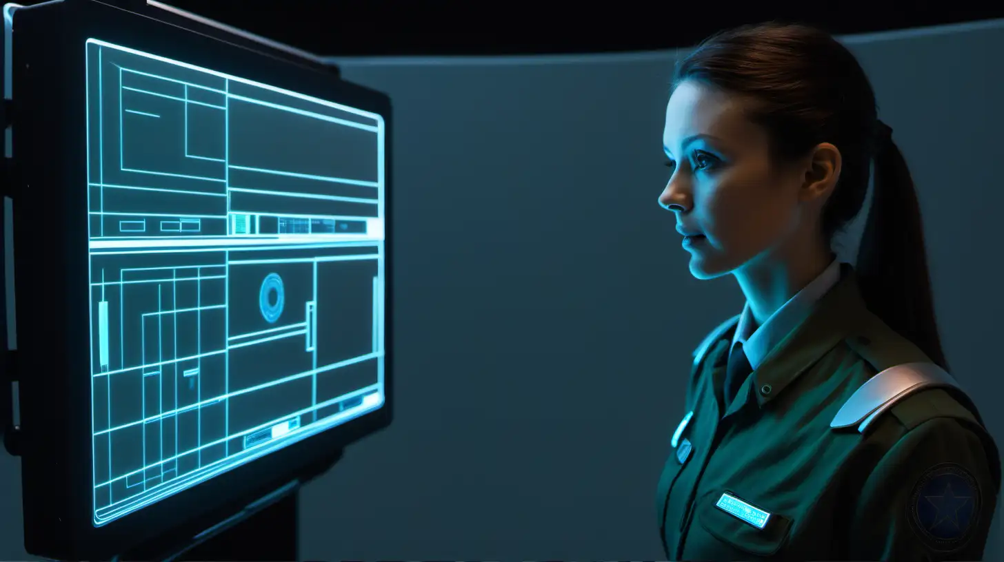 Commander Alexis Monitors Futuristic Holographic Displays in Tense Situation