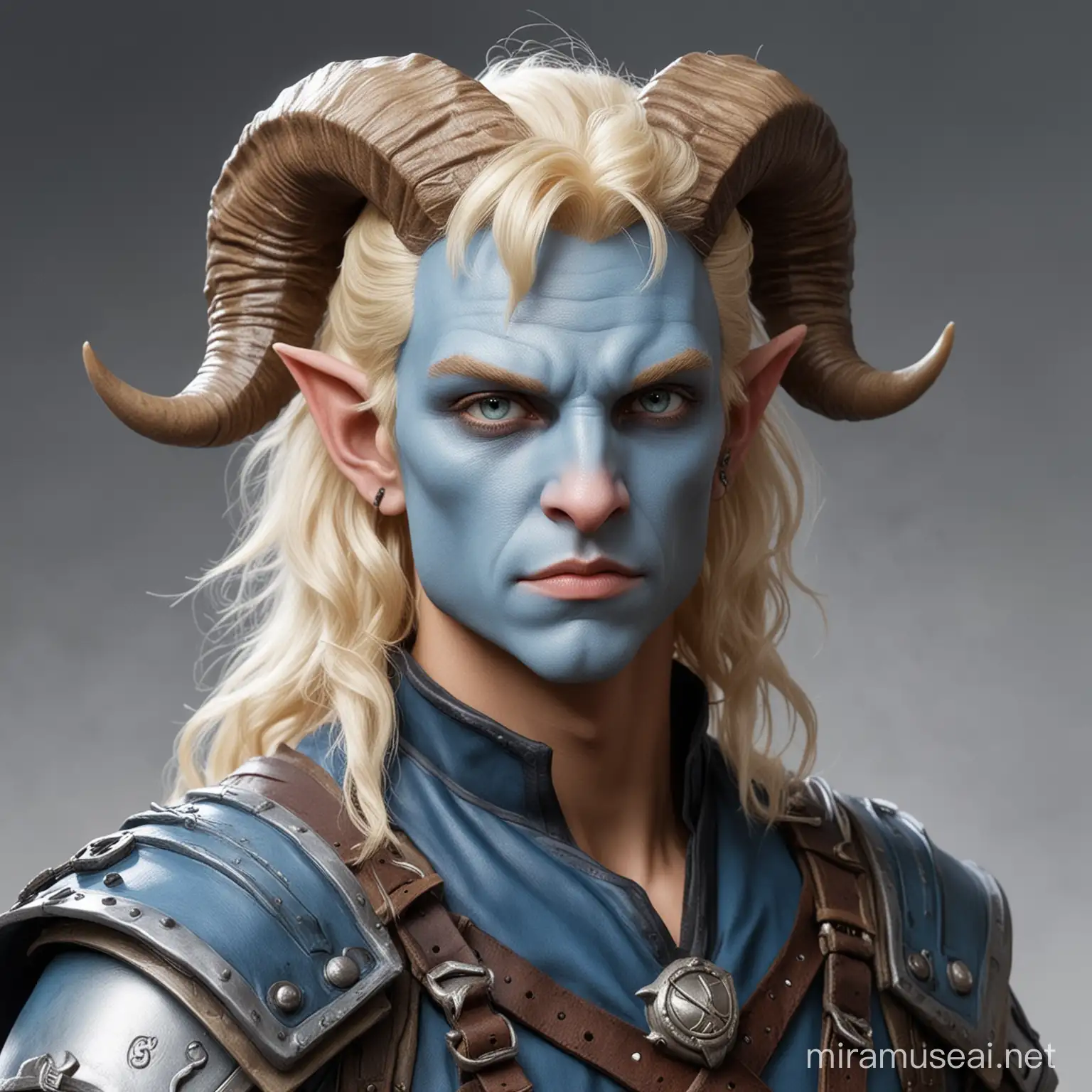 blond male tiefling light blue skin blond hair small ram like horns wearing adventurers gear