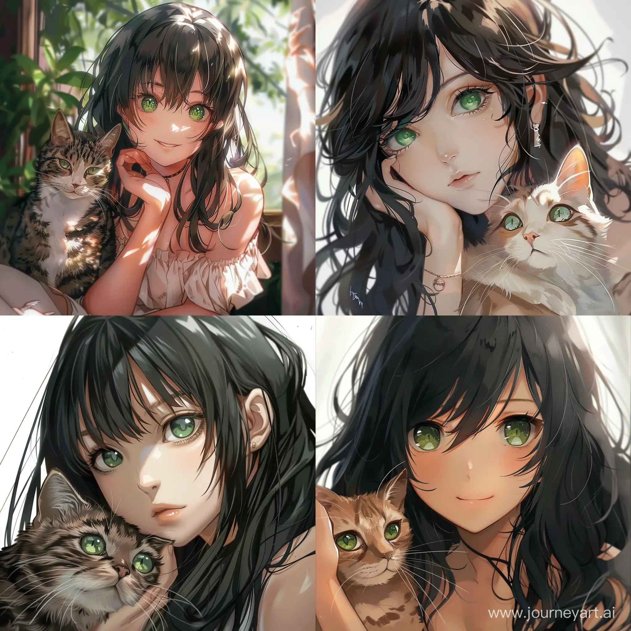 beautiful dark-haired anime girl with green eyes with cat --v 6 --ar 1:1 --no 2408