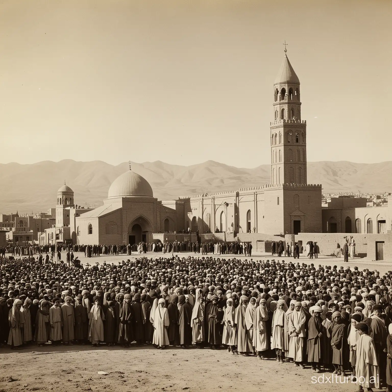 General view of the city of Tabriz in Iran, 1919, nine turbans and robes, church, school, students playing at school