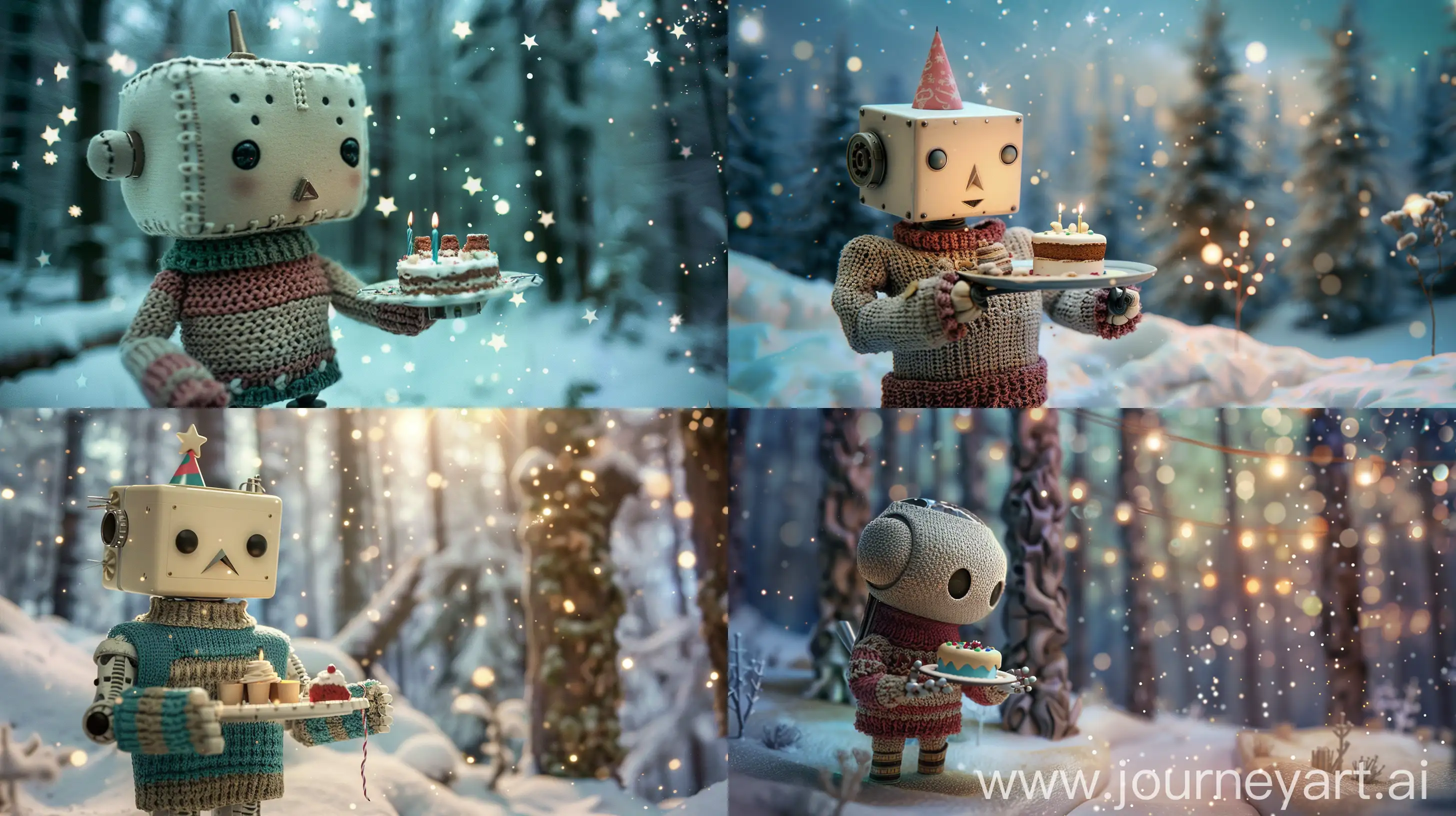 Enchanting-Snowy-Forest-Birthday-Portrait-with-Whimsical-Robot-and-Cake-Plate