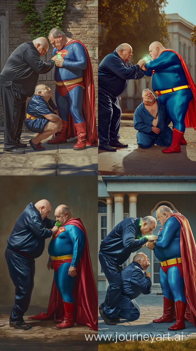 Realistic photo of two men. The first man is a chubby aged 70 wearing a silky navy tracksuit and he is bending over and tightening a small glowing shiny green short collar on the neck of the second man. The second man is a chubby aged 70 wearing a silky blue superman costume with a large red cape, red boots, blue shirt, blue pants, yellow belt and red trunks and kneeling in front of the first man. Outside. --style raw --ar 9:16 --v 6
