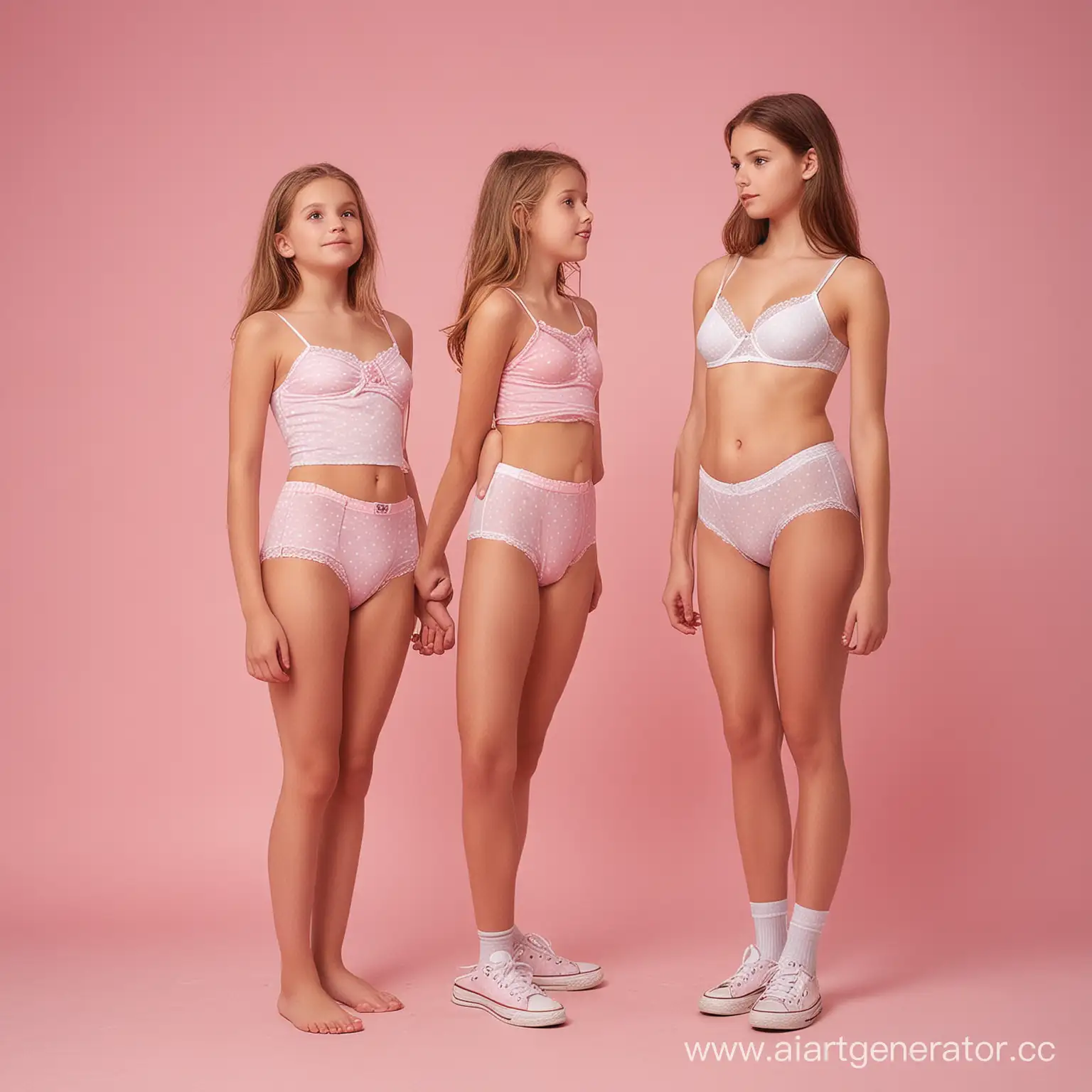 very small old man, a little old man looks up to taller giant 12yo white girl towering stature cute innocent face buxom leggy underwear model slim waist cute innocent face, very tall 12yo girl overlooks a little old man pink background