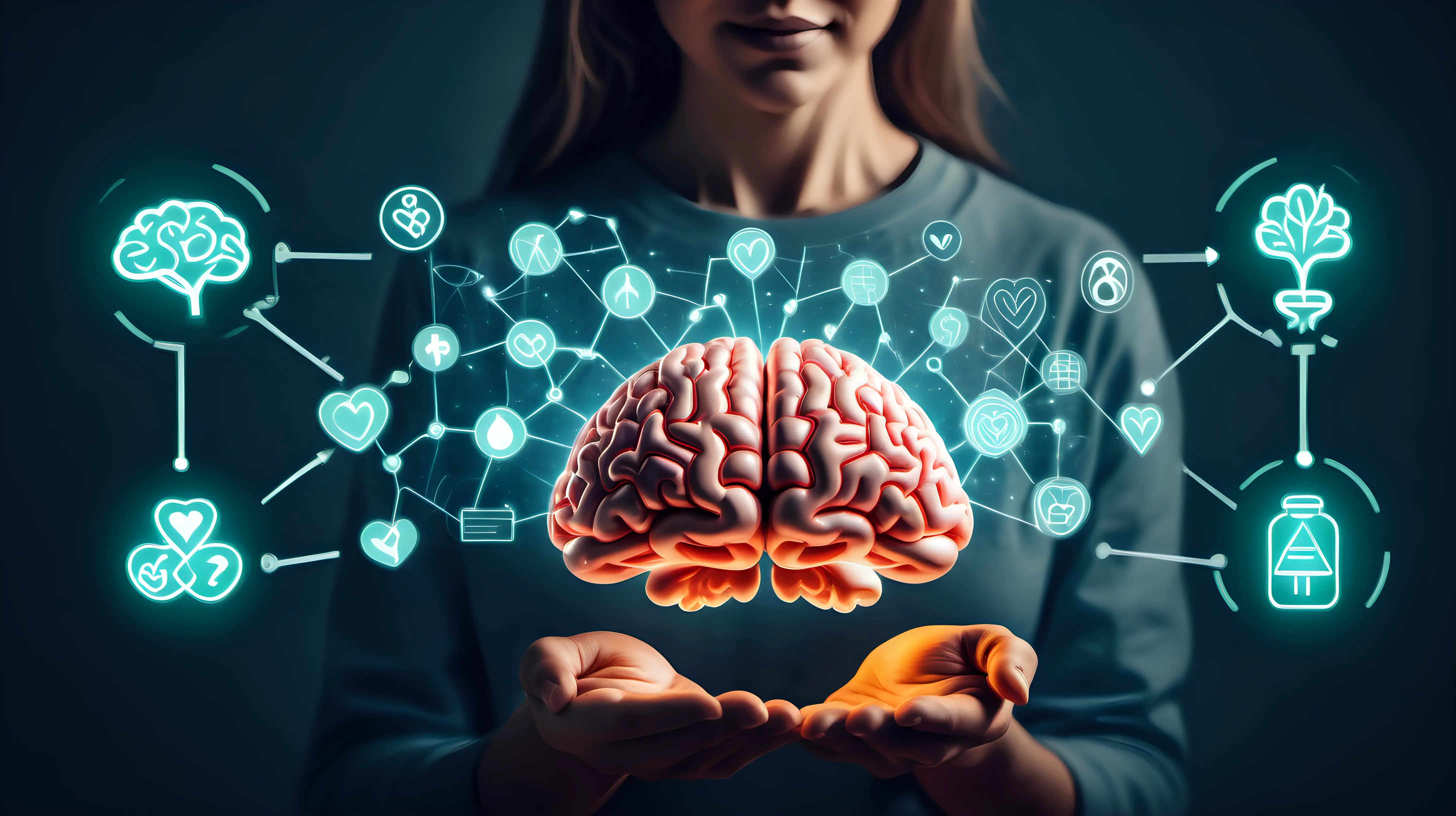 Cognitive Health Person Holding Luminous Brain and Healthy Lifestyle Symbols