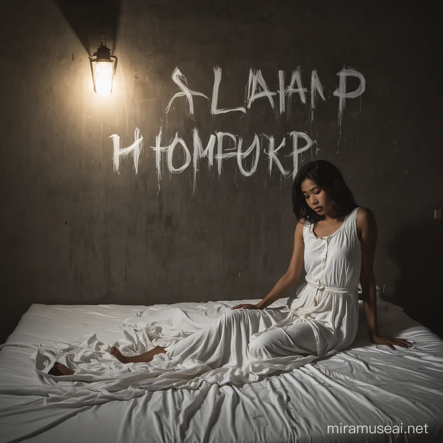 a 20 year old Indonesian man, thin body wearing modern casual clothes, was sleeping on a mattress in a dark room, there was a lantern as his attacker, there was the writing "Slam kholop" on the wall of the room, accompanied by the ghost of a beautiful woman wearing a dirty white dress, real looking, professional photographer