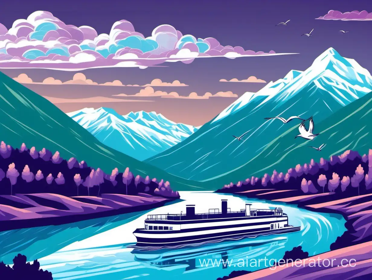 Vector illustration. Landscape. A ferry with smoke coming from a chimney is moving along the river. Mountains in the background. They are covered with snow or have green meadows on their slopes. evening time with clouds. You can add birds in the sky, and create the illusion of movement. the color scheme is in blue and purple tones.