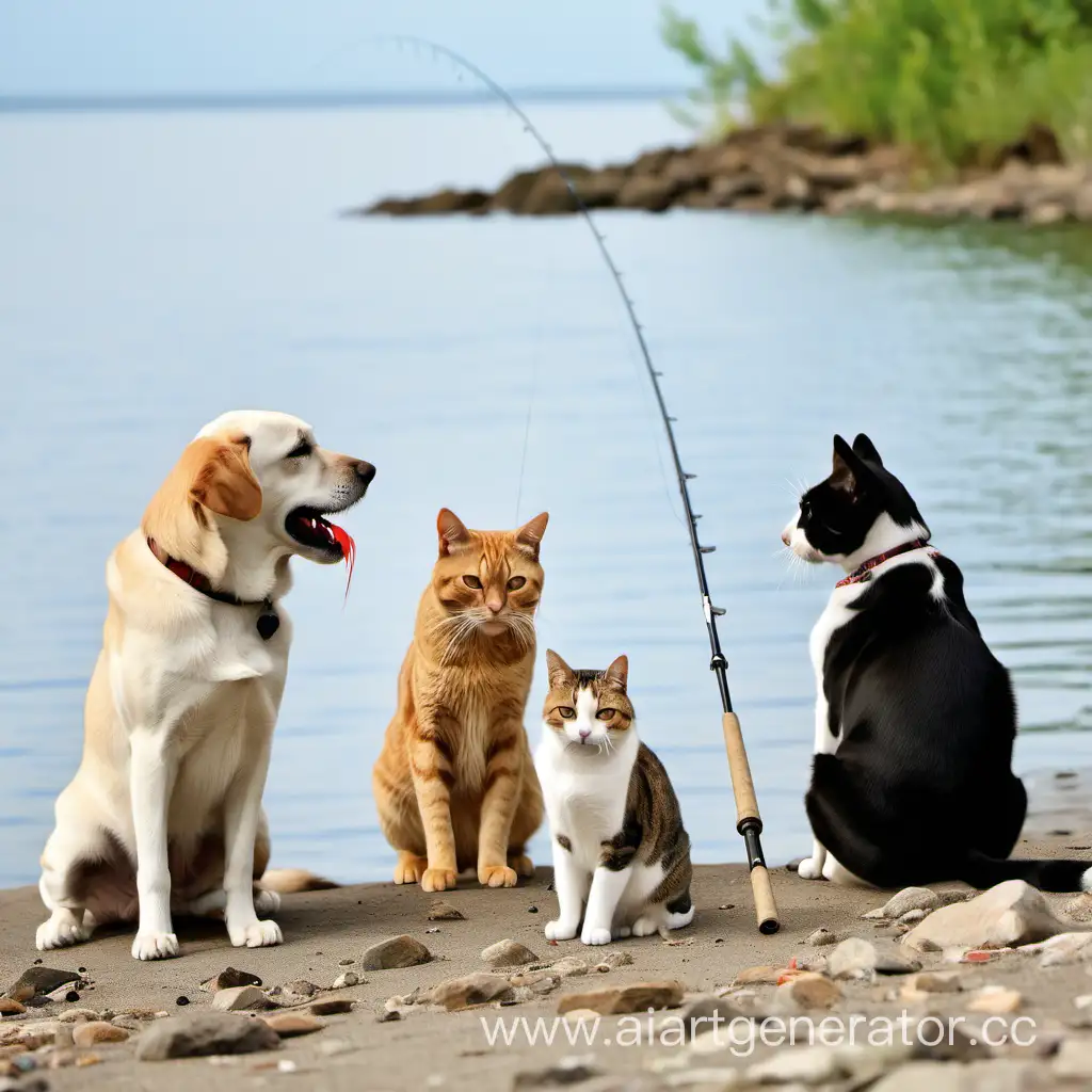  три кота сидят на берегу и ловят рыбу на удочку , а рядом сидит собака и выпрашивает рыбку