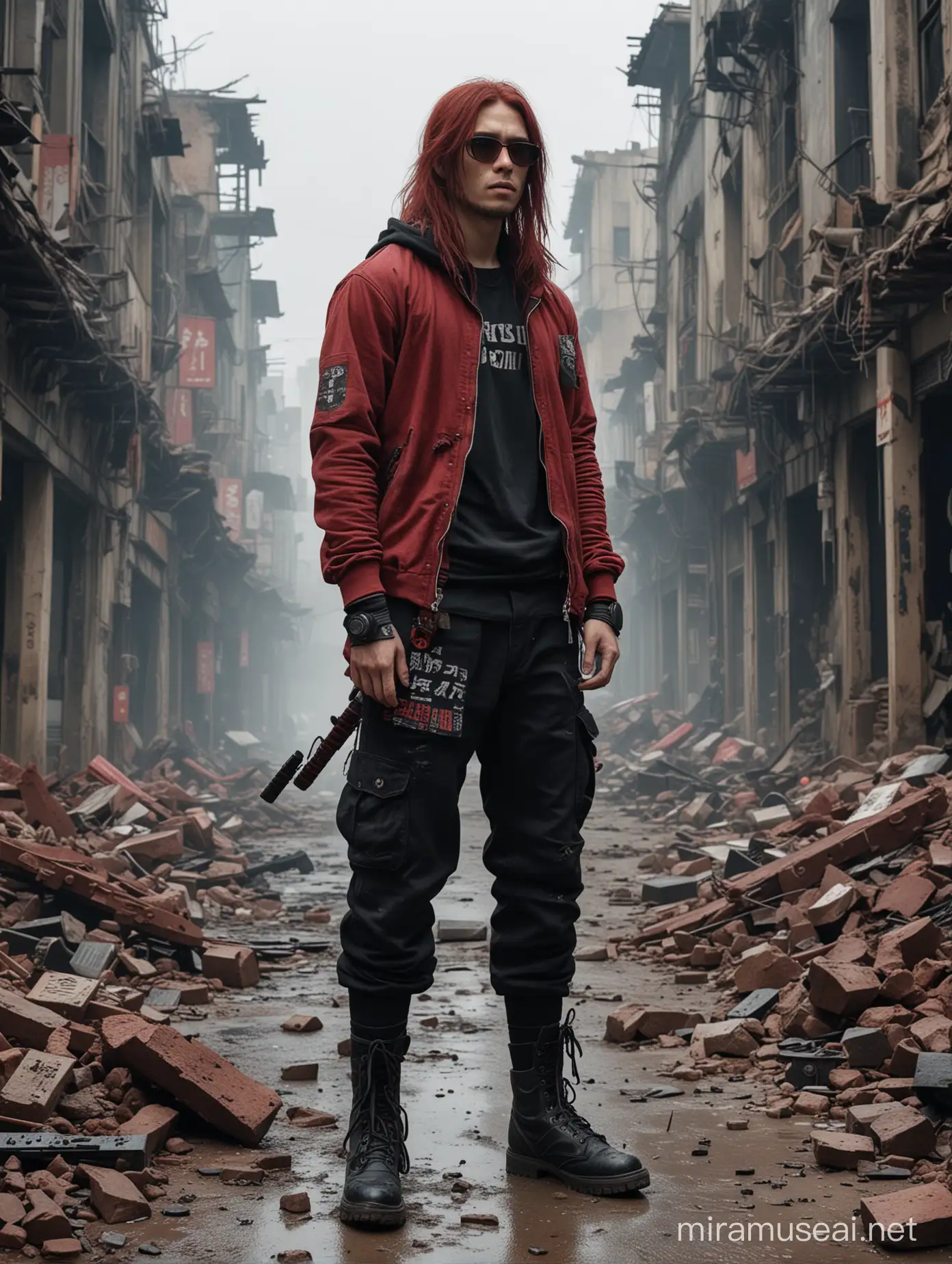 MaroonHaired Samurai Man Amidst Ruined City with Rusty Toy Firearms
