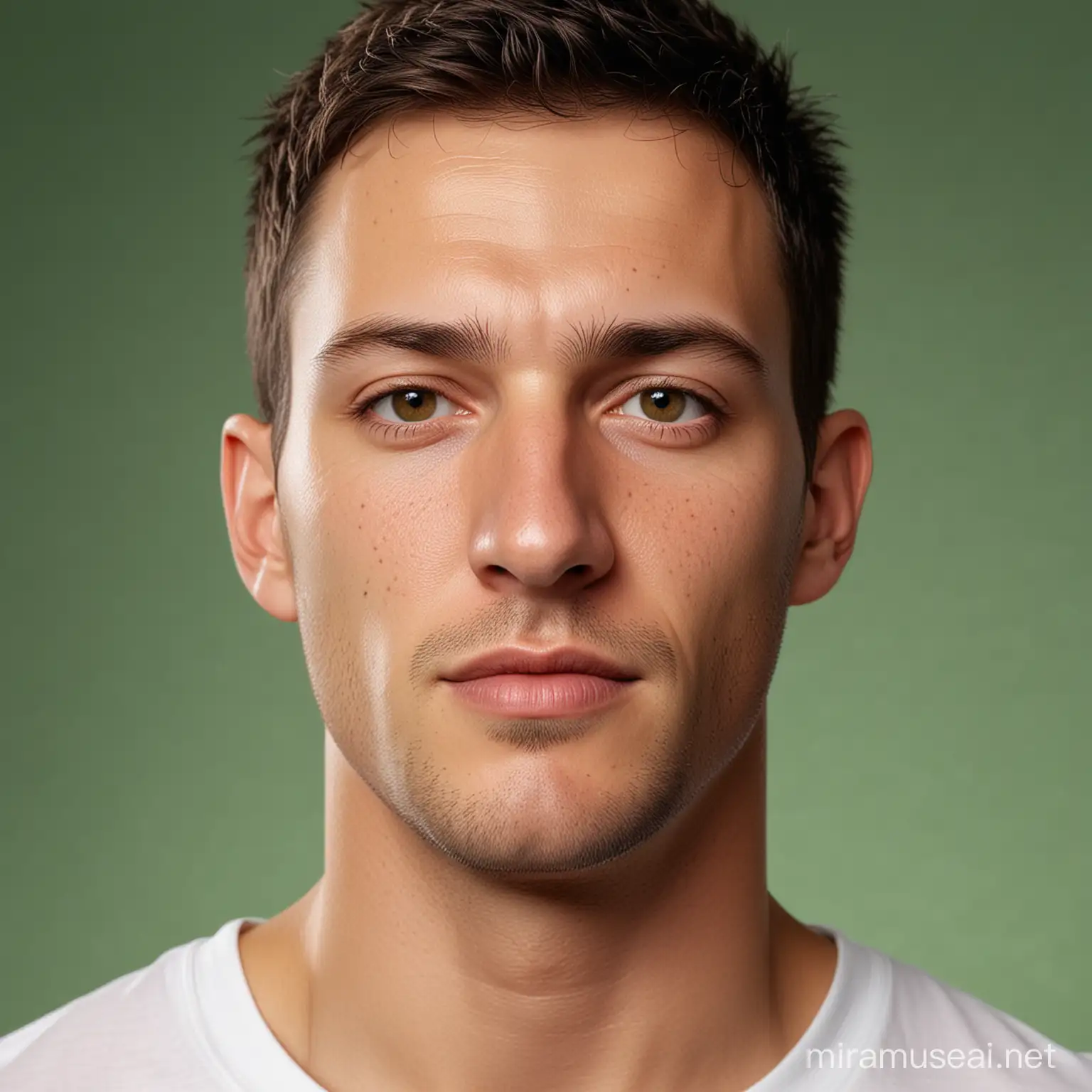UltraRealistic Portrait of a Shaved European Man with Brown Eyes on Green Background