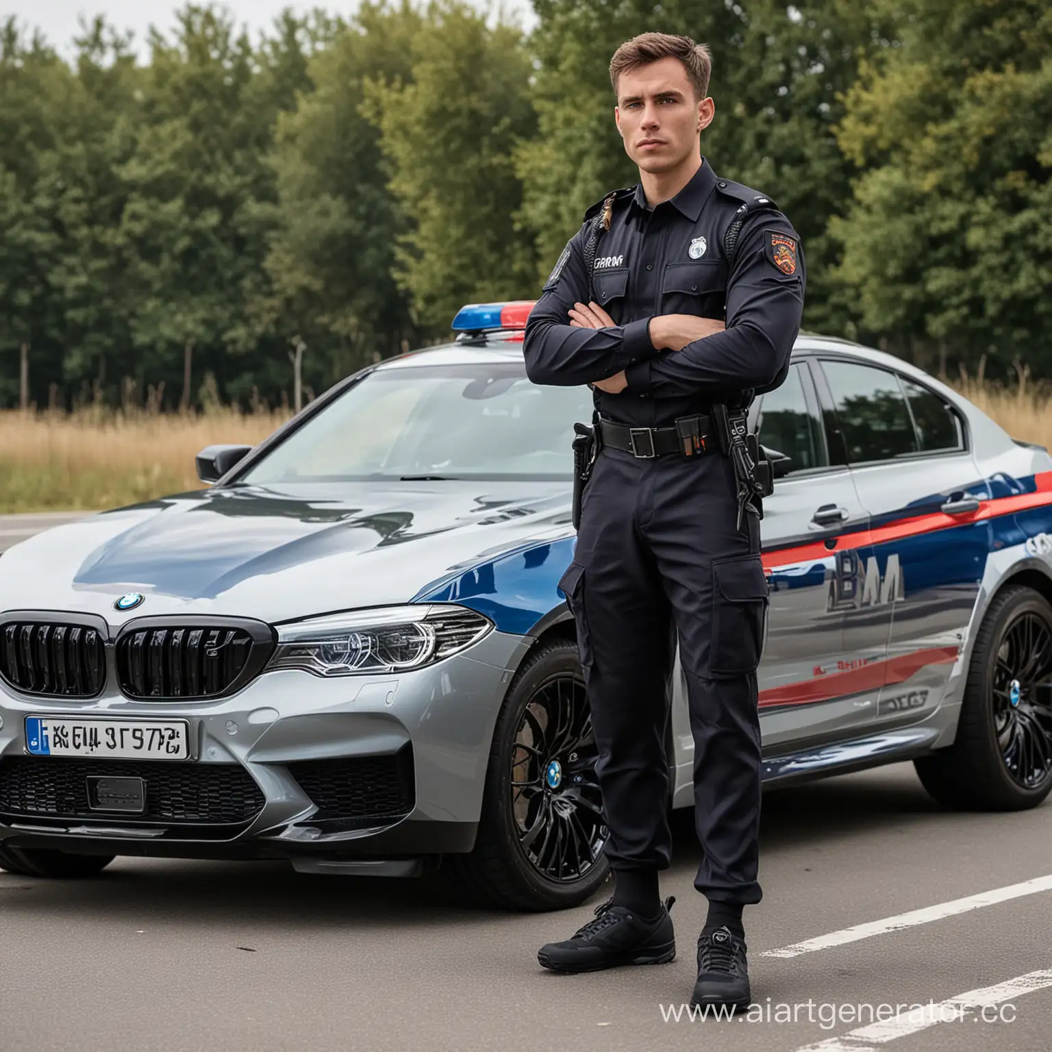 Youthful-Athlete-Police-Officer-with-Awards-Next-to-BMW-M5-F90-Police-Car