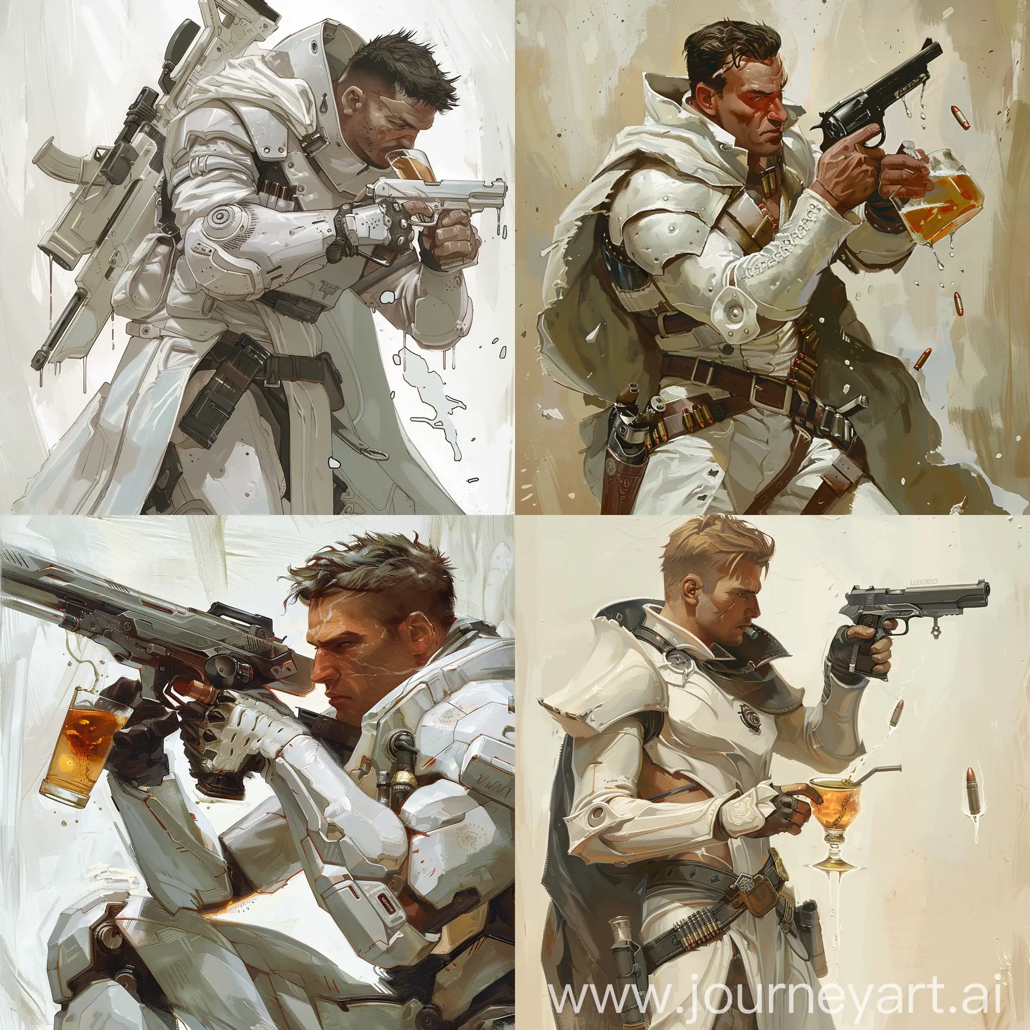 Armed-Man-in-White-Armor-Drinking-and-Handling-Weaponry-Illustration