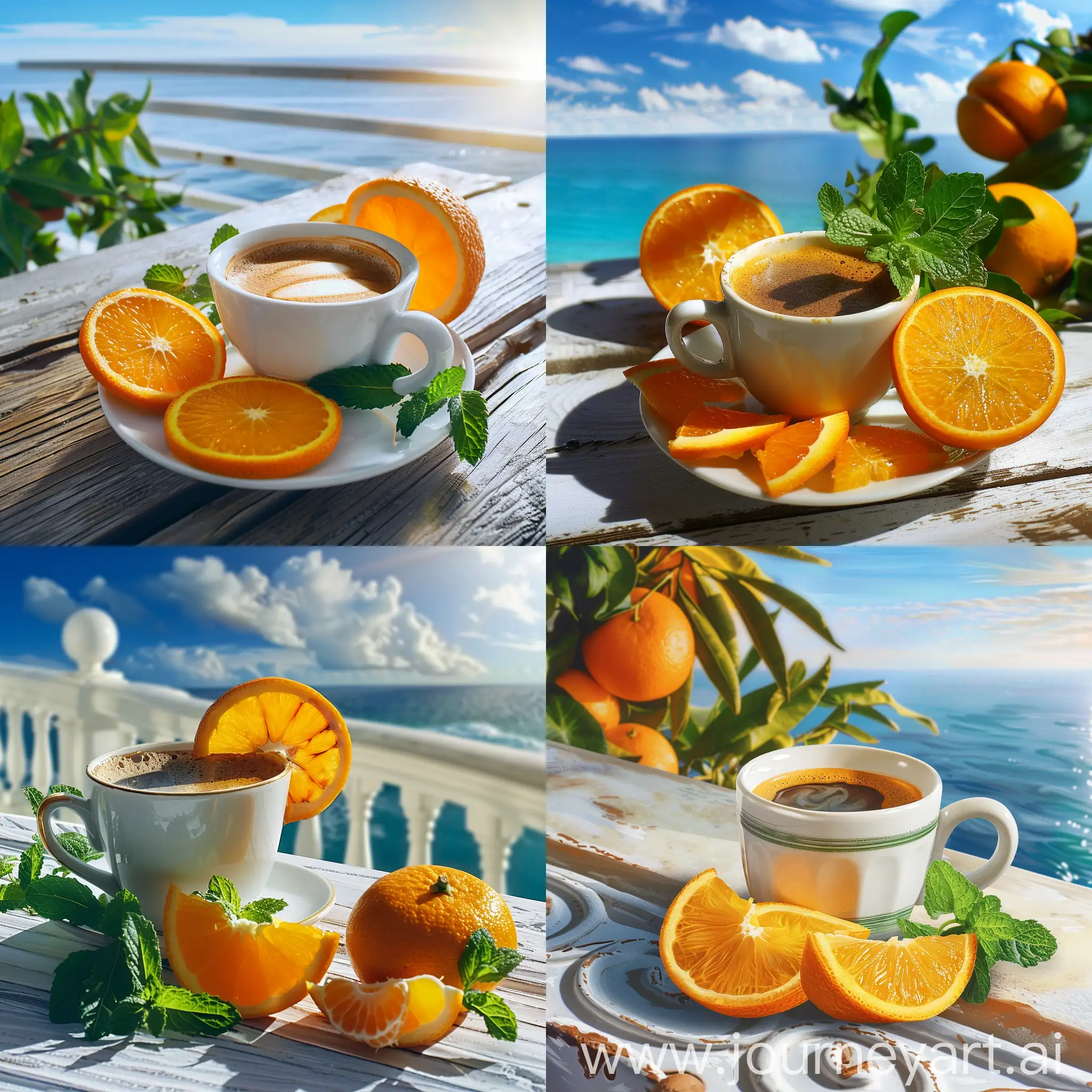 Product Photo, a refreshing shot of espresso, served in an espresso cup with delicious orange slices next to it and a spring of mint, set against a backgroud of a sunny terrace and  sea view, Mexican vibe