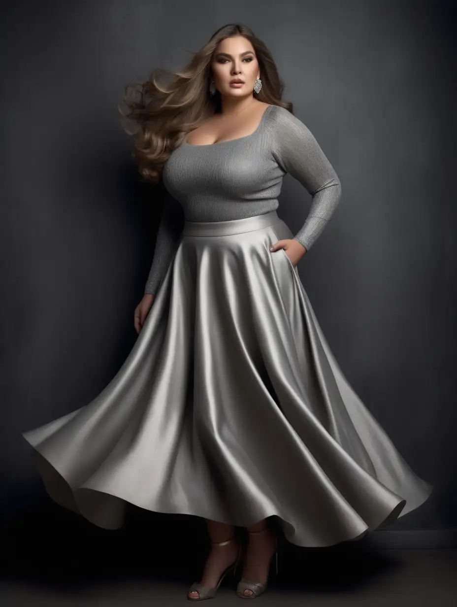 Elegant Plus Size Model in Silver Metallic Evening Gown Vogue Style Photoshoot