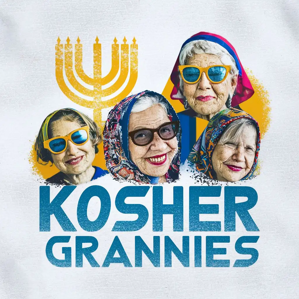 logo, Israel, yellow, blue, white, old school Jewish grannies with David star sunglasses, Israeli colorful headscarves, 7 branches Menorah, Paul Klee, with the text "Kosher Grannies", white background, typography, be used in Automotive industry