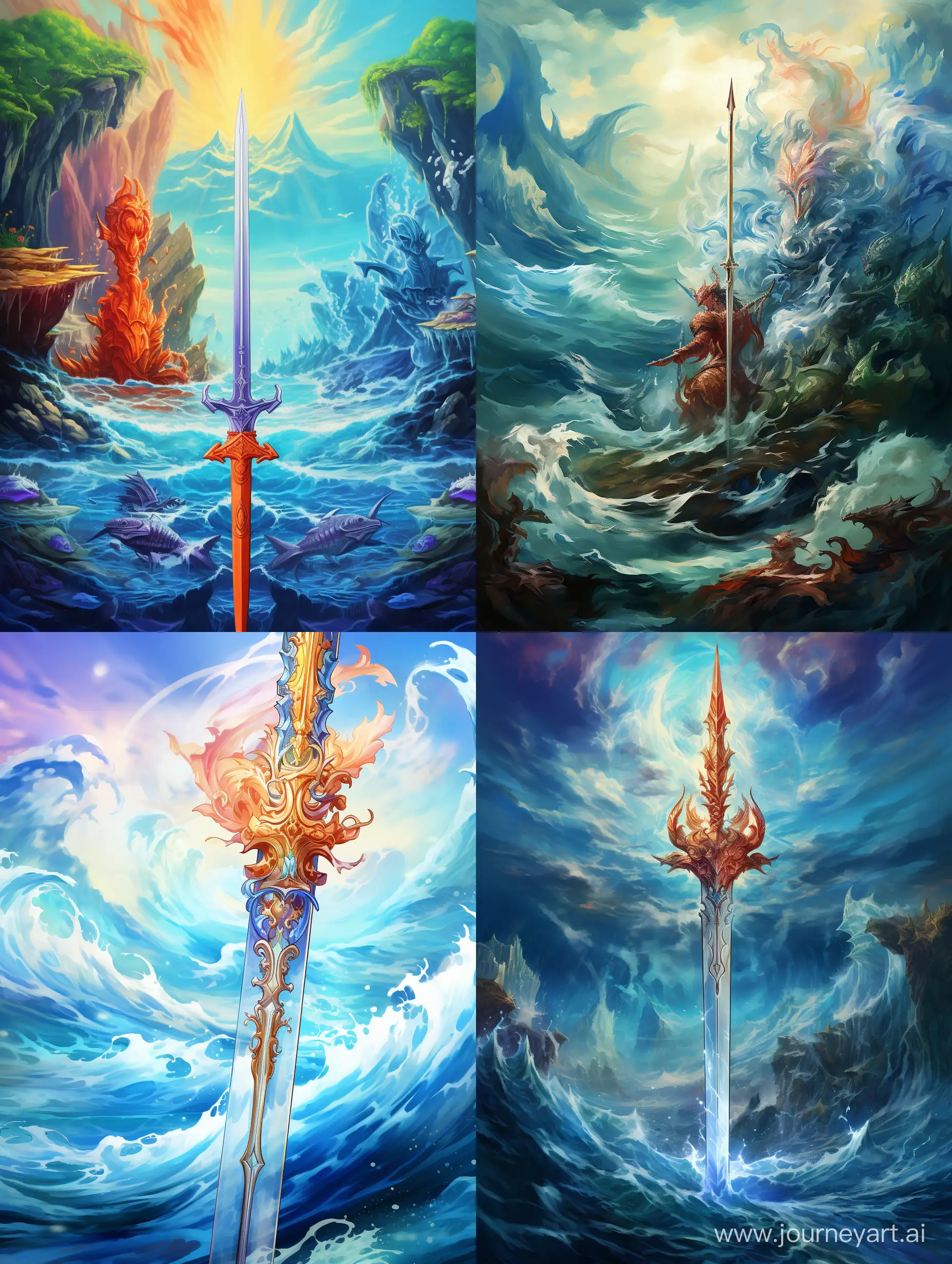 Oil paint, the lower part of the poster should be from the top of the sea water to the bottom of the sea, the upper part of the poster should be the sky, a big sword from the middle of the upper part of the poster to the middle of the lower part of the poster, the color of the sea water is crimson, the color of the sword handle is brown.