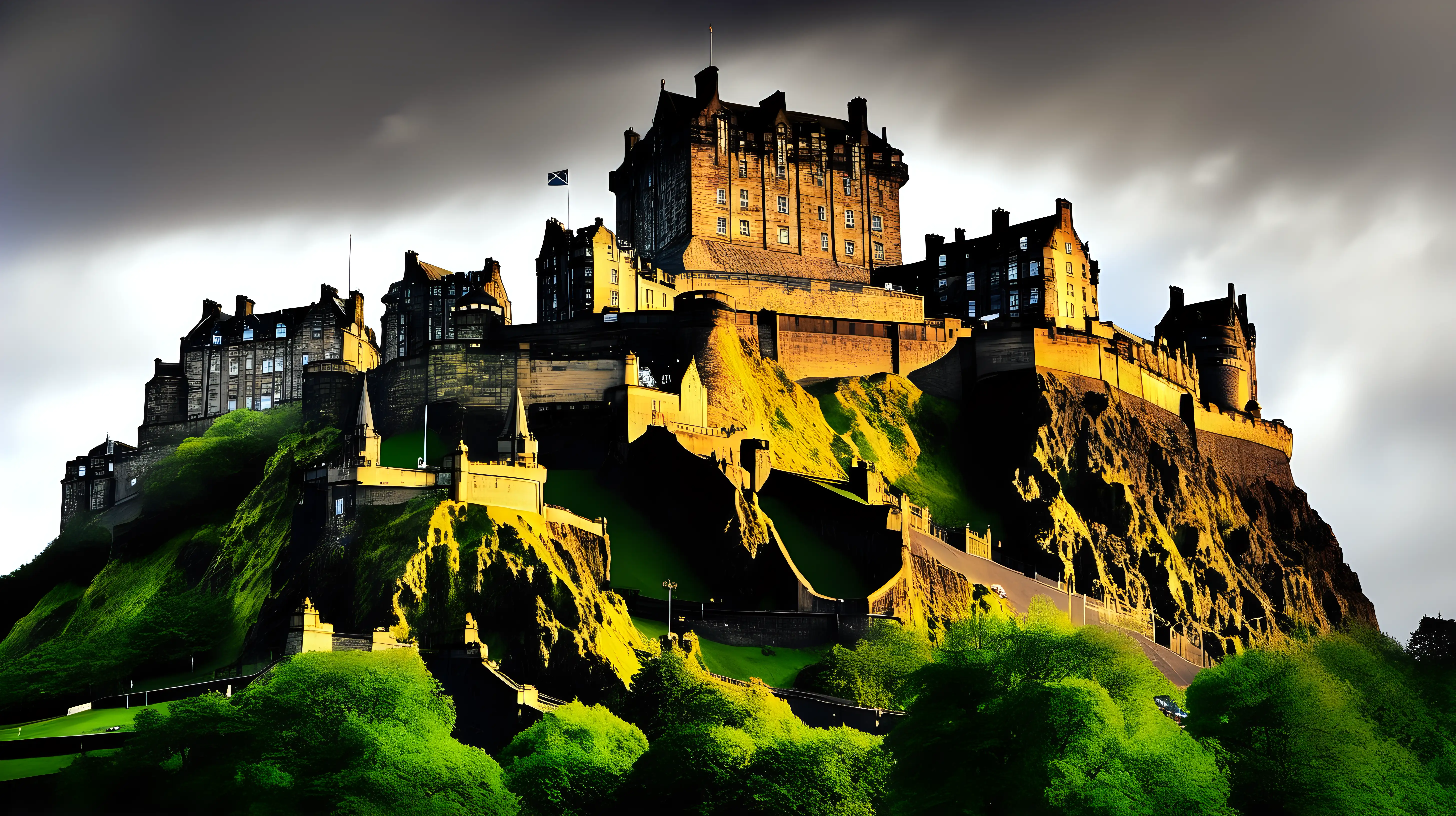 show Edinburgh Castle (Scotland) at its best shape and show its beauty roylaty and greatness,a wide angle image showing Edinburgh Castle (Scotland) at its peak beauty