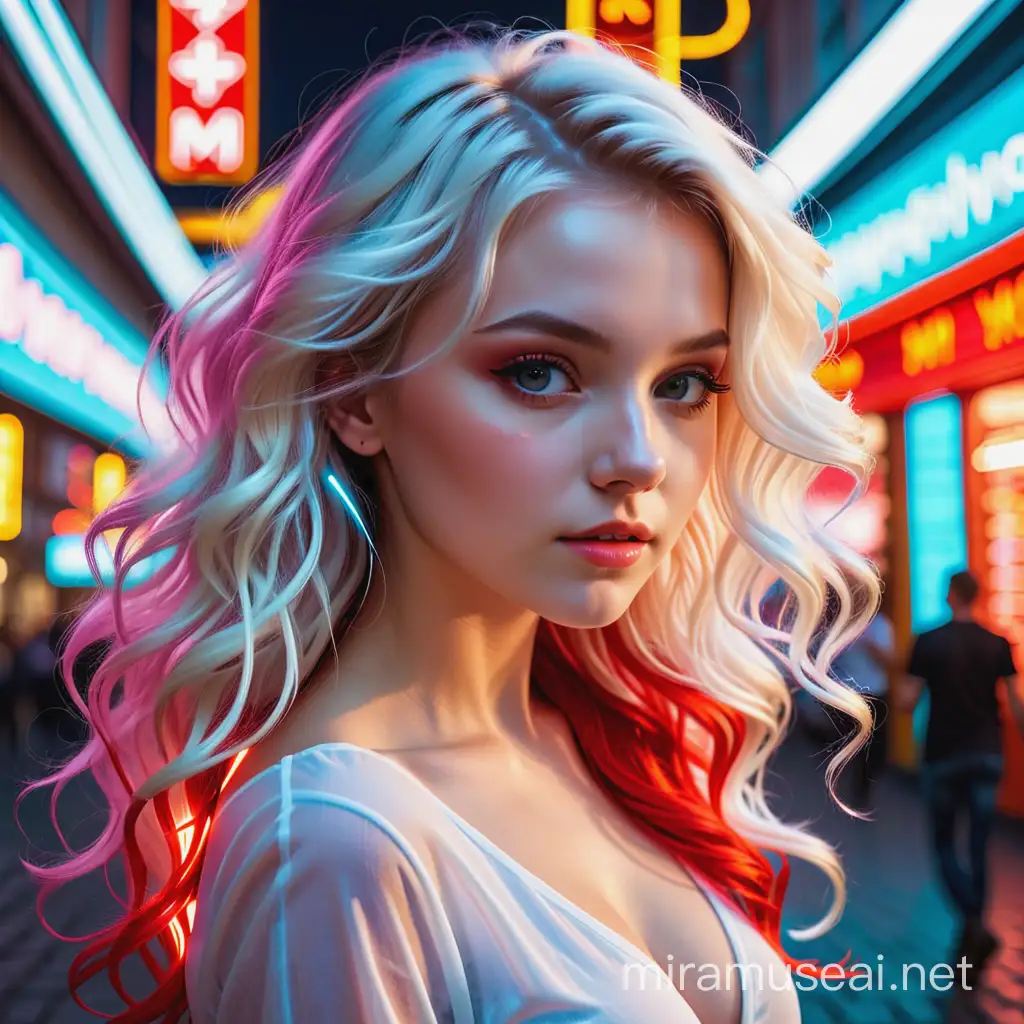 A stunning masterpiece of a ukraine girl, illuminated by vibrant neon lights, her hair cascading in waves of electric white and hot red.