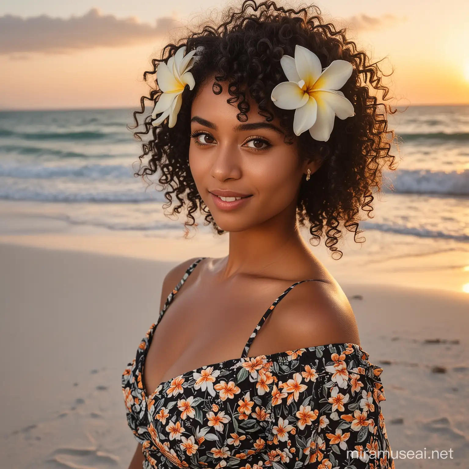Smiling CurlyHaired Girl Enjoying Sunset on Beach with Frangipani Flower in Hair
