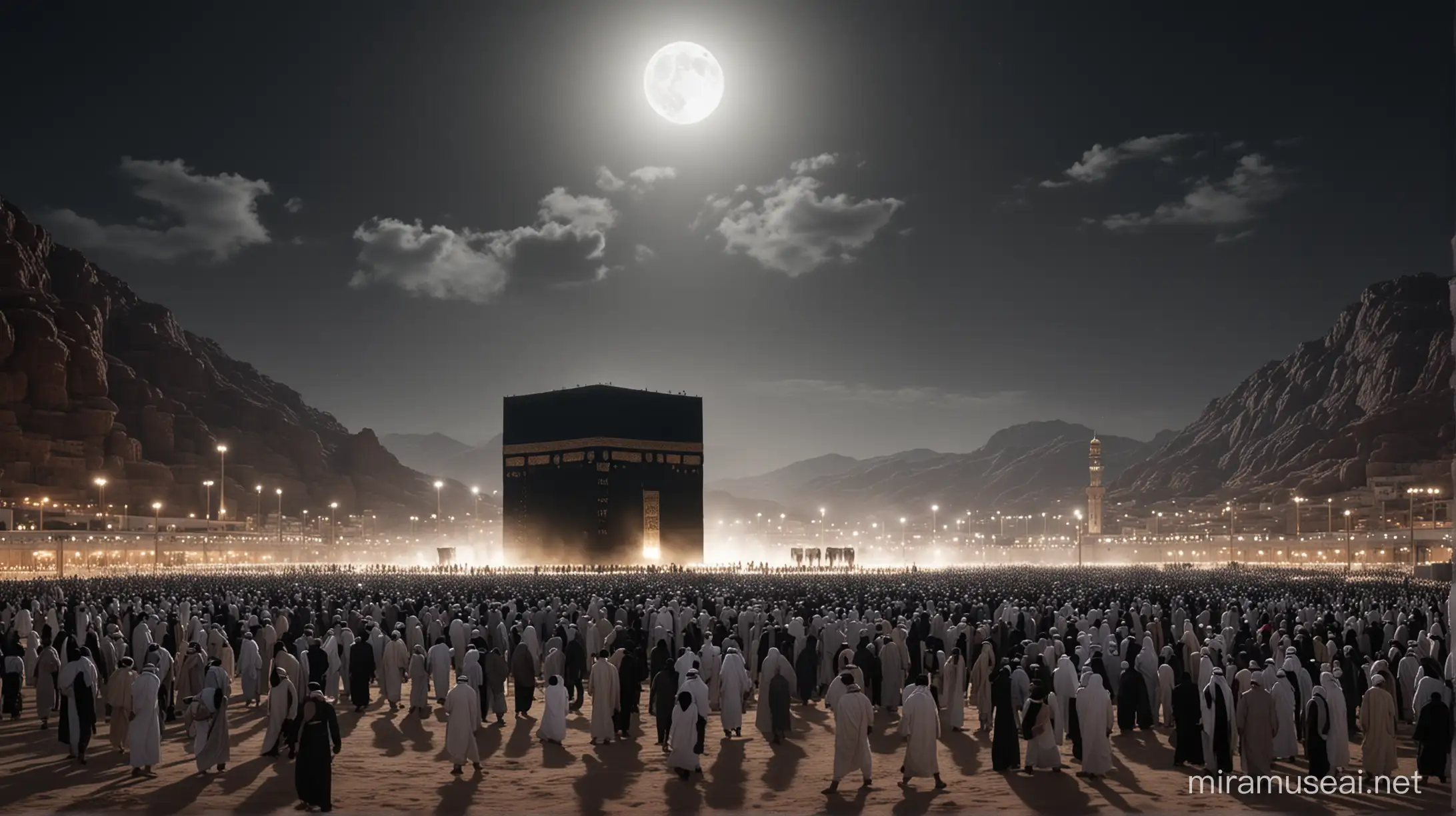 A Realistic landscape image  of Abu Bakr, companion of prophet muhammad leading the Muslim crowds circling  around the Kaaba in the pilgrimage rituals, white neon and huge neon lights of moon inside the Kaaba, its color shadow on the arab old houses in the desert, Mecca in the year, 9th A.H. . Atmospheric and cinematic. A dark white smoke rose from the Kaaba and spread in the air. A moon 
in sky shining its reflections in the  realistic desert mountains.
All overall dark white image theme.
3D. Mountain close-up, summer, ultra-high quality, detailed, 8K, vector illustration.