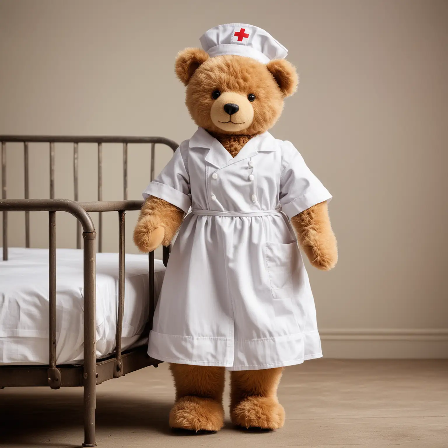 Vintage Teddy Bear hospital nurse, standing next to an old metal bed, dressed as a nurse, blank background