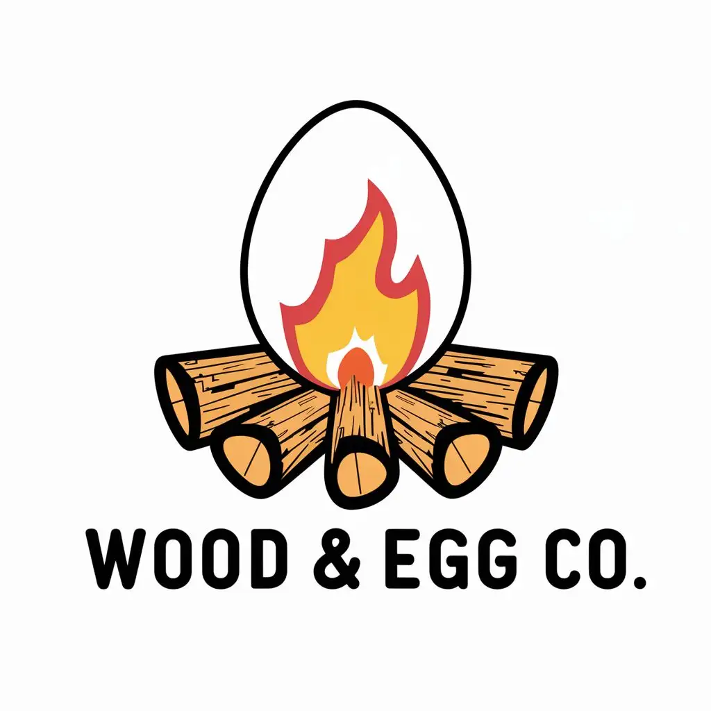 logo, an egg over a burning fire with split wood around it, with the text "Wood & Egg Co", typography