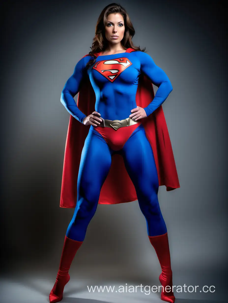 A pretty woman, brown hair, age 22, huge muscles, huge arm muscles, huge leg muscles, huge chest muscles, huge abdominal muscles, ((very muscular)), huge breasts, superhero pose, powerful, heroic, mighty, massive. 
Superman costume, matte spandex, (blue leggings), red briefs, a long cape.
Photo studio.