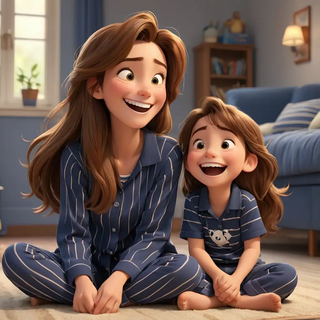 Disney pixar theme, 3d animation, beautiful mom, long straight brown hair, son with neat brown hair, happily looking at each other laughing, sitting on the floor, wearing navy blue stripe pajamas
