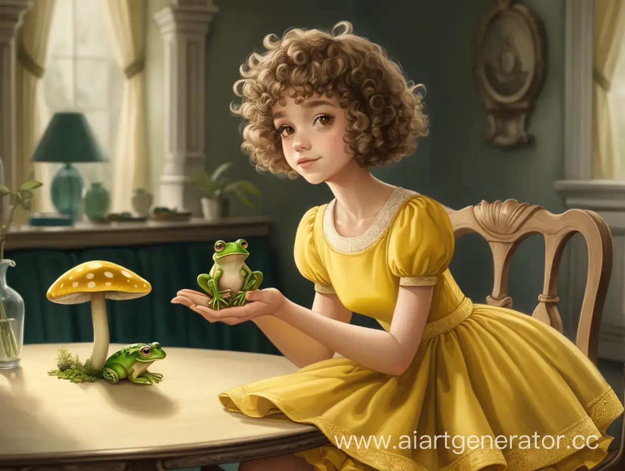 CurlyHaired-Girl-in-Yellow-Dress-Holding-Frog-on-Mushroom-Table