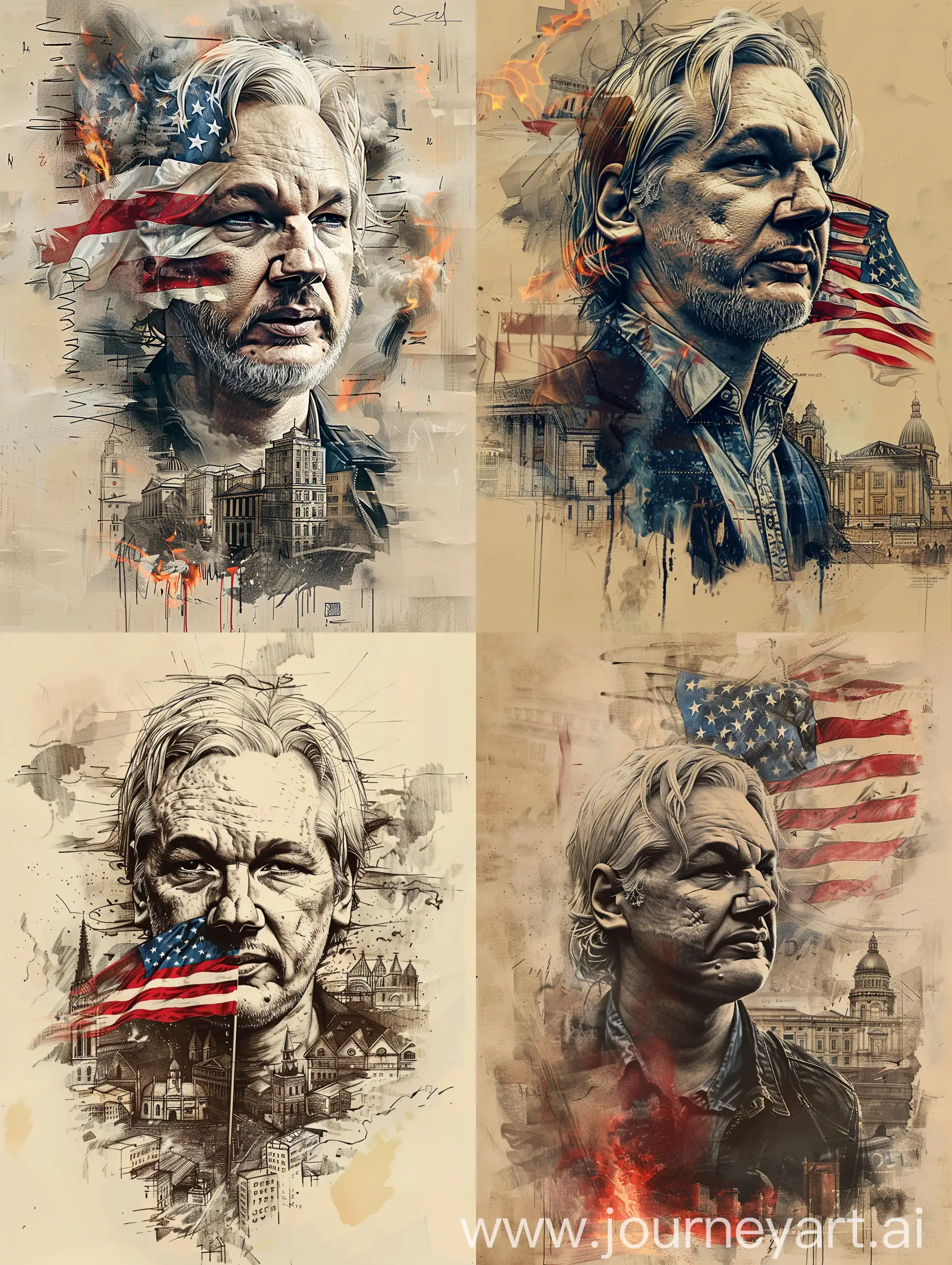 poster, loose sketch portrait of Julius Assange, Mouth tapped with US flag, influence of tolouse lautrec, background of old buildings or US War crimes or Exposing US crimes, historical objects or fire or clouds or something extraordinary and inspiring but blurred, 8k --ar 3:4 --stylize 200 --v 6