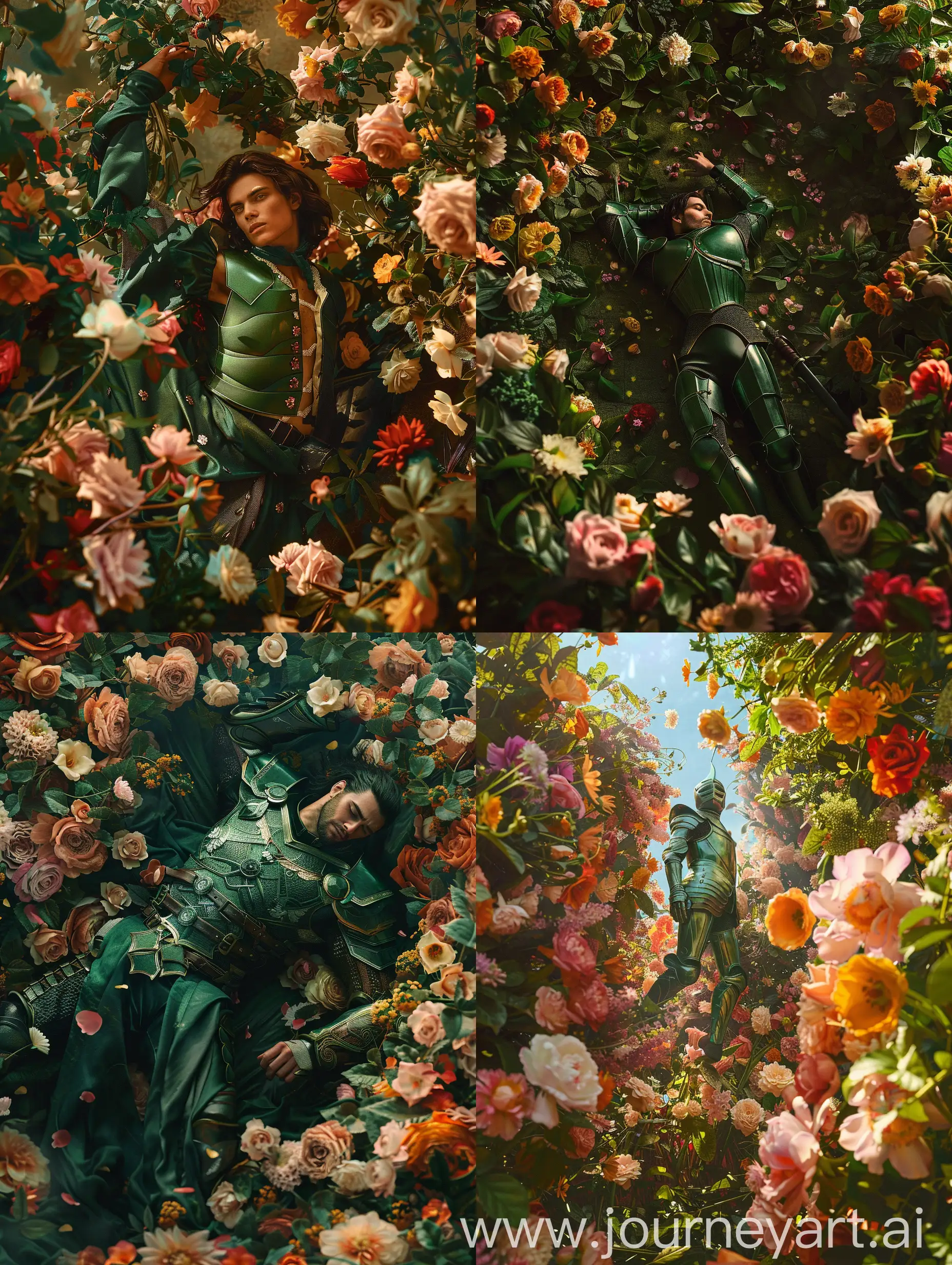 A man in green armor is standing on his back surrounded by beautiful flowers