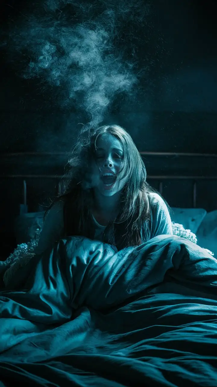 A young lady's eyes widen with terror as she feels the temperature in the room plummet, her breath turning to frigid mist in the chill air. Her body trembles uncontrollably, and she pulls the covers up to her chin in a futile attempt to ward off the bone-deep cold that seeps into her very soul. Her face pales, and her lips quiver as she gasps for breath, the icy grip of fear taking hold; at night, ominous edge, foreboding atmosphere, dark cinematic