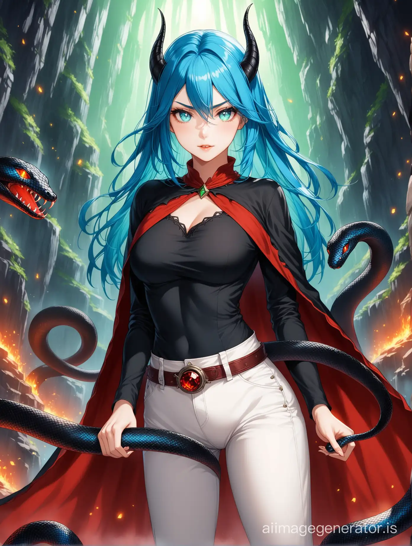 Girl 20 years old, sorceress, (blue eyes), (red demonic skin) cloak, hairs between eyes, long sleeves, looks at viewer, female trick, pants, shirt, (blue hair), white pants. Background: fantasy-magical mine. Attention to detail, attention to small details. A 10 cm long coal black snake with green eyes is coiling around her neck.