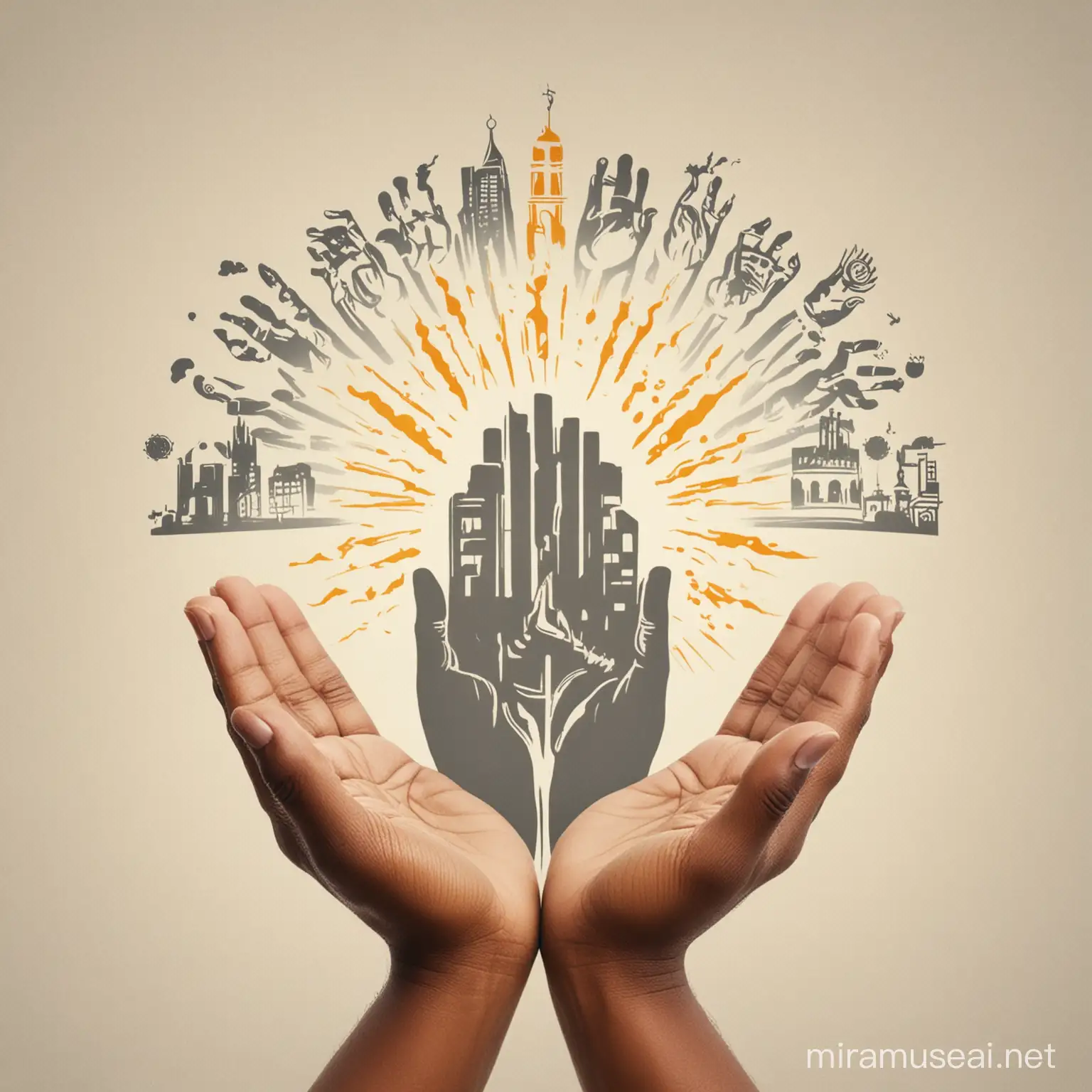 The logo for an IT company called Sundawa, depicts open hands praying with smart city images above the open hands