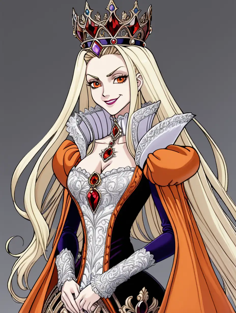 Evil Queen, white background, long blond hair, crown, tall, imposing, orange Victorian wear, detailed outfit, intricate details, high-res, anime screencap, evil, grin