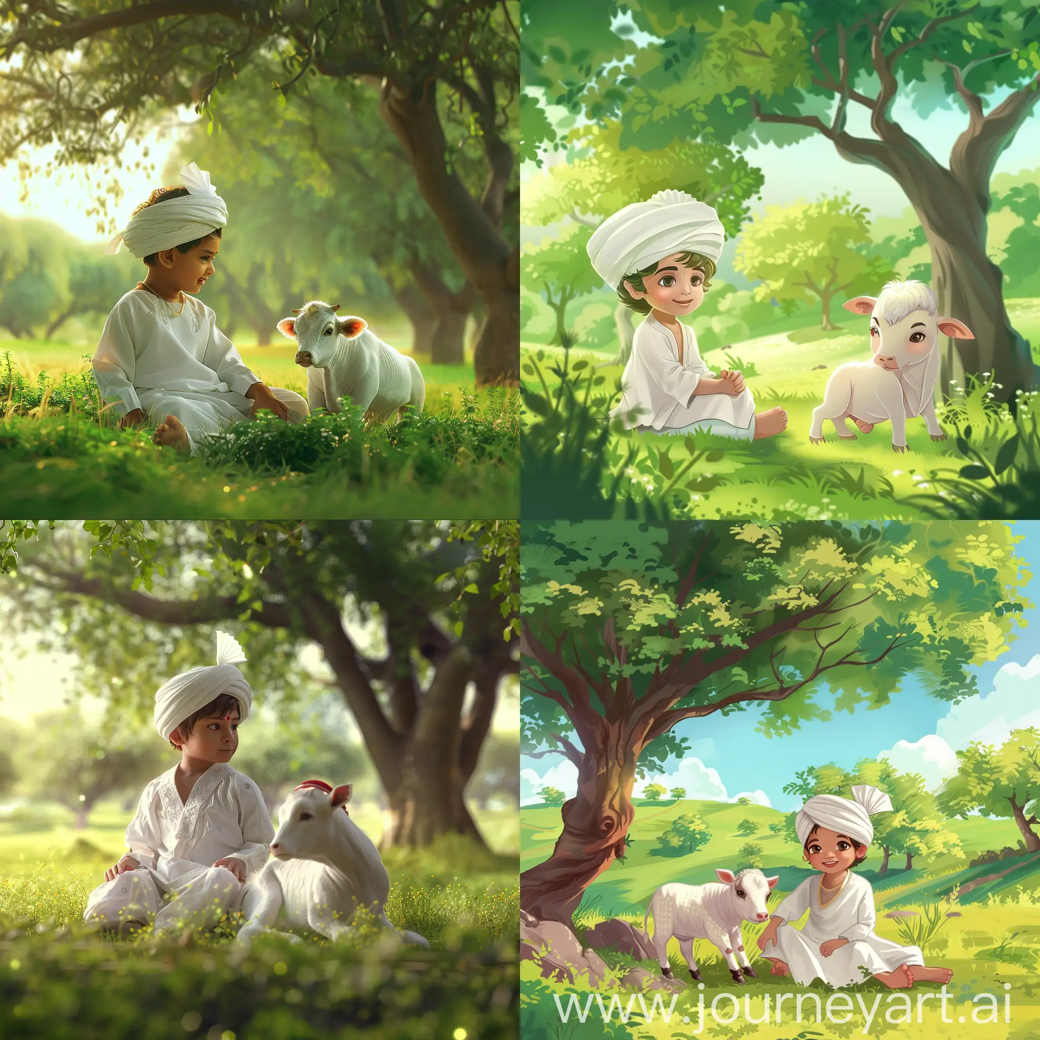 A village child wearing a white kurta panjama with white turban on head sitting near a cute white calf under a beautiful trees in a green field animated morning view