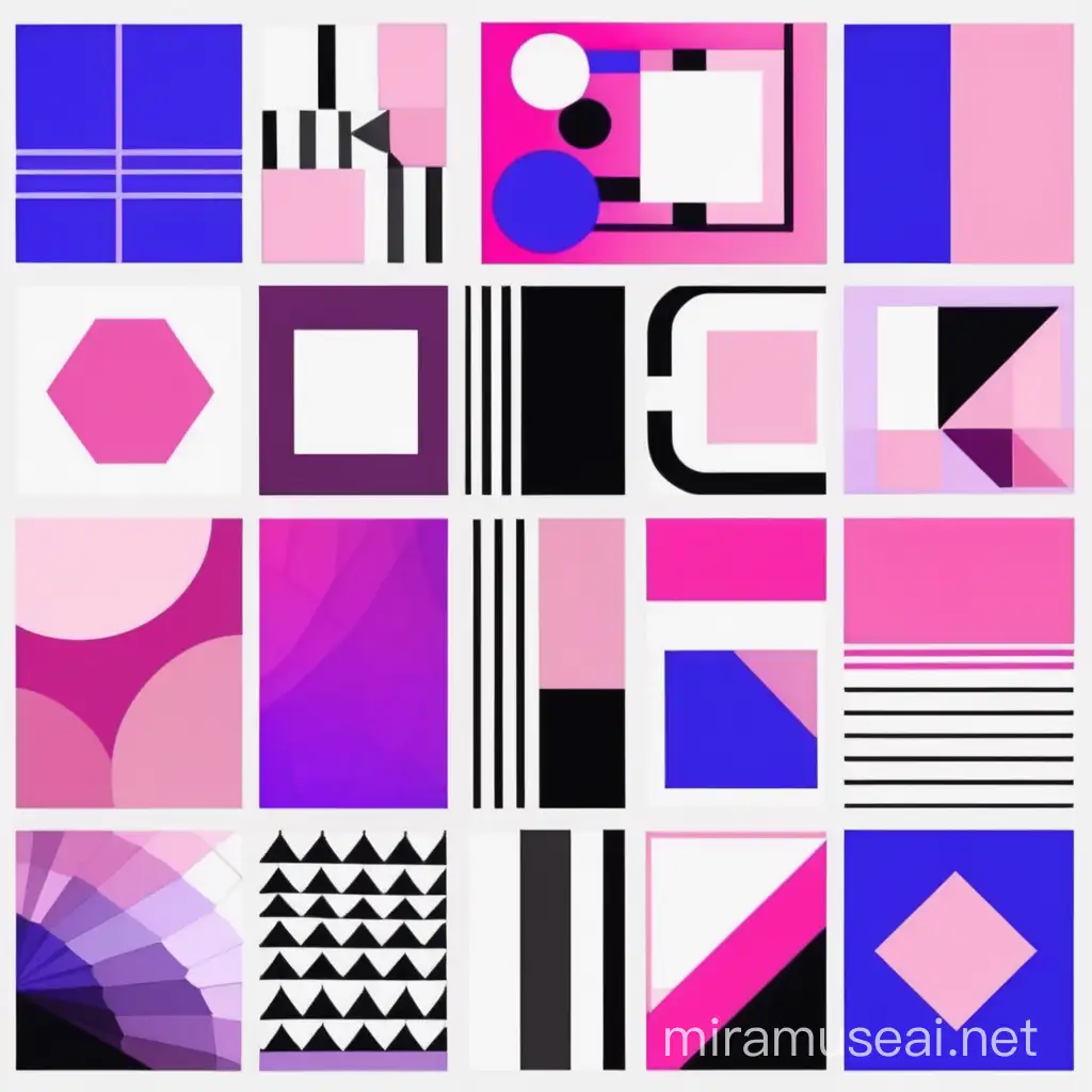 generate ideas of design to instagram posts with colors? pink, variants of blue, white, black and purple. geometric forms stytle