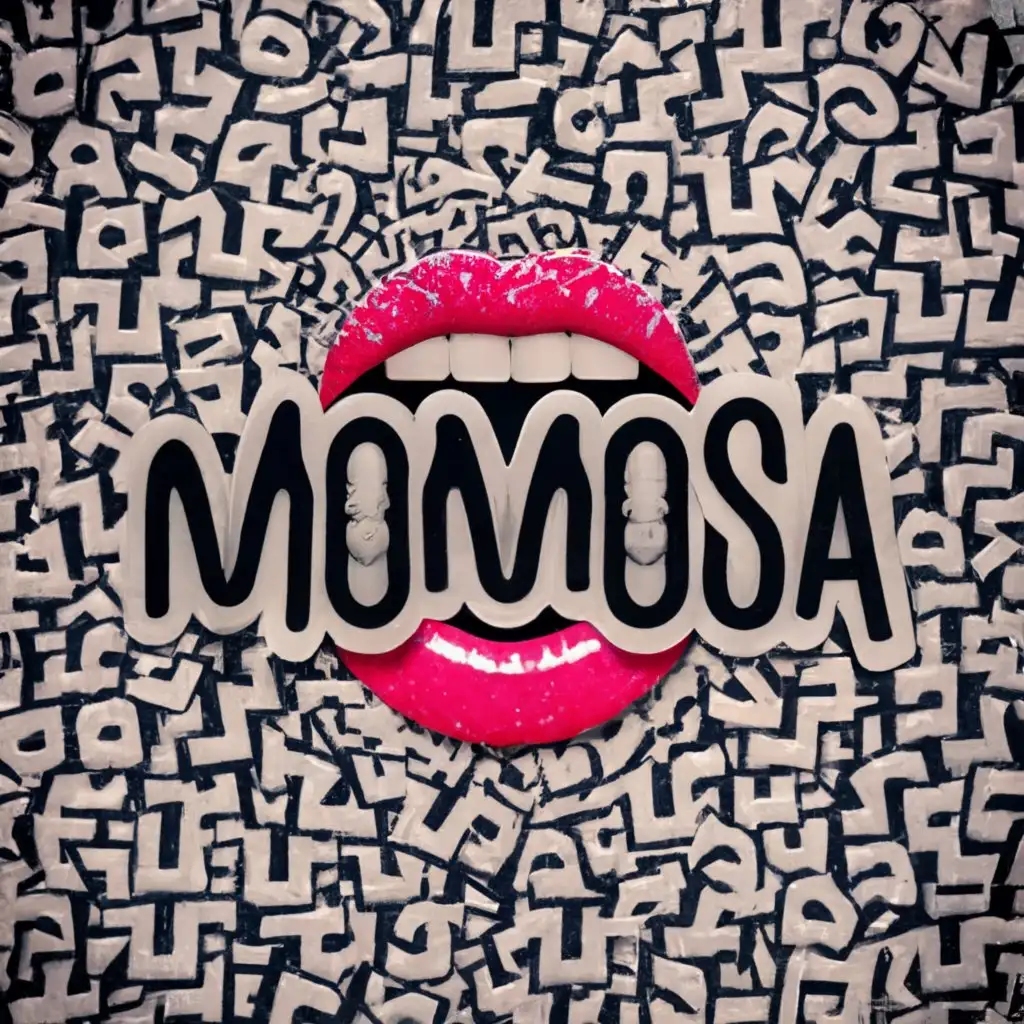 logo 8k UHD RENDER , SPRAY PAINT MOSAIC ANDY WARHOL INSIDE WOMEN LIPS , with the text "MOMOSA", photorealistic typography Using aspects from the most successful LOGO's , be used in Entertainment industry