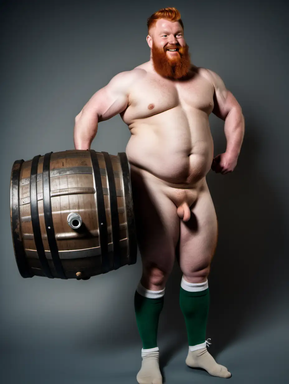 low camera angle. 3/4 side view. full length photo of a nude ginger irish hairy burly beefy strong man lifting a keg on his shoulder. he wears sneakers and socks.