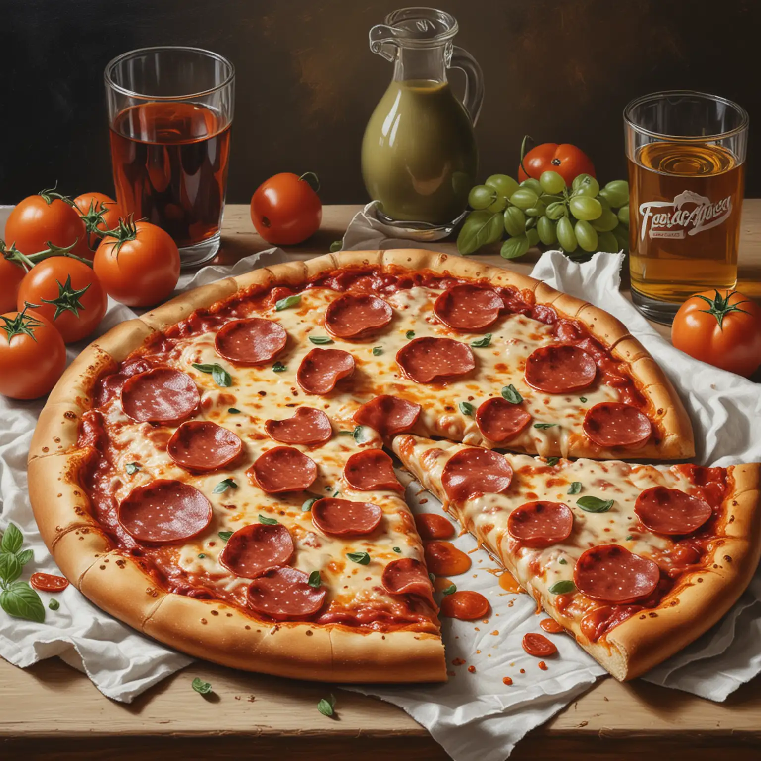 Realistic Still Life Painting of Pepperoni Pizza