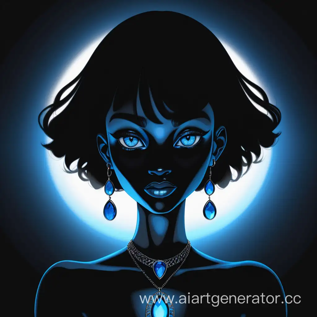 Чёрная женская тень с ярко-голубыми глазами, на тёмном фоне с голубым кулоном.

