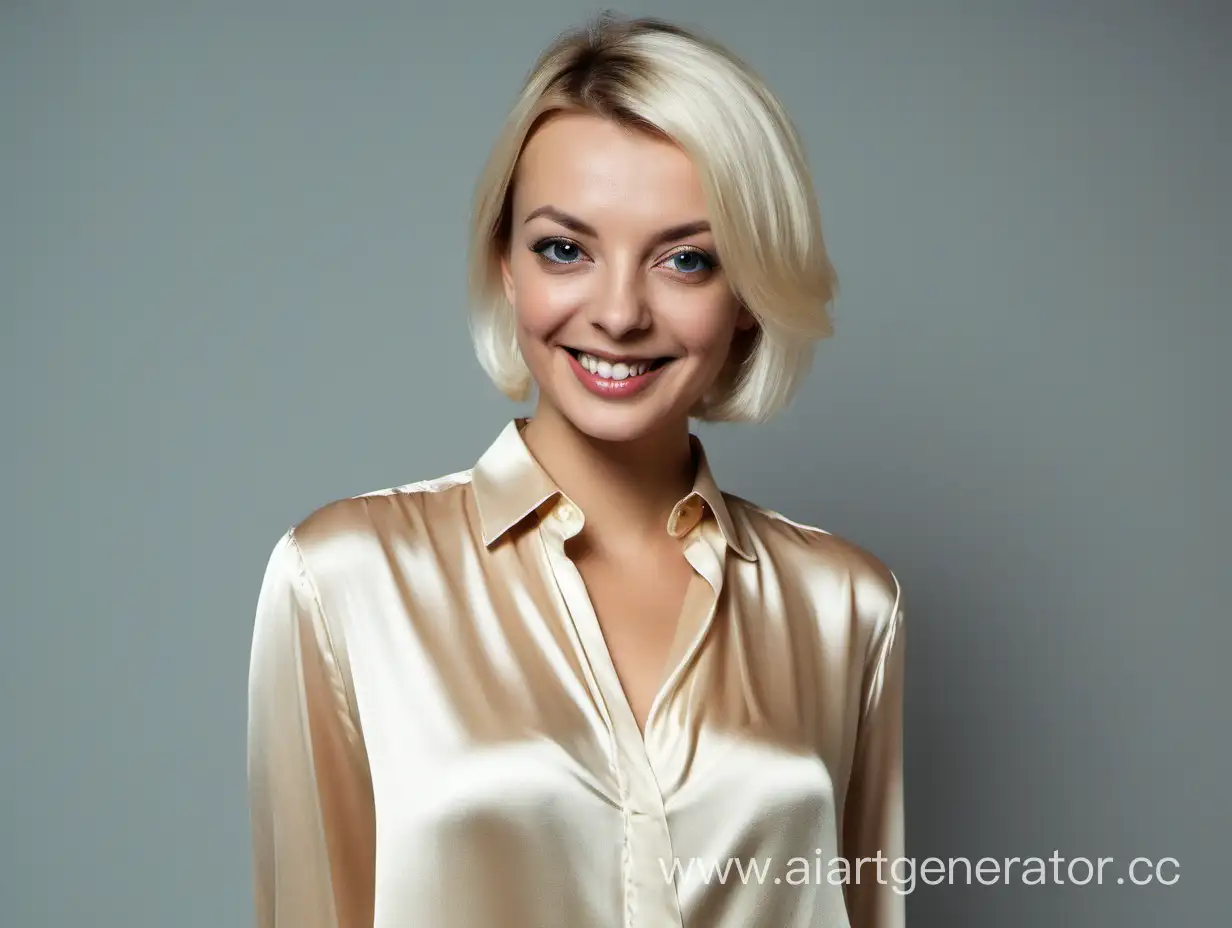 Юлия Волкова блондинка в шелковой блузке улыбается