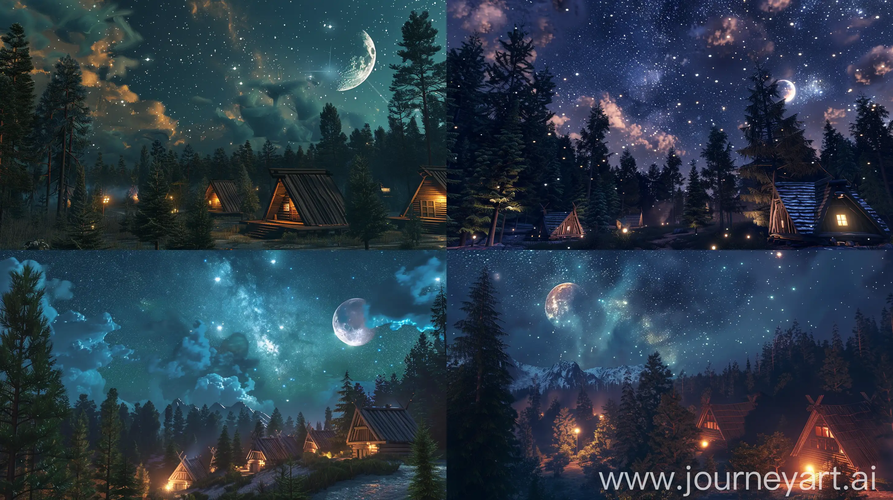 Landscape, night, moon, partly cloudy, starry skies, forests, wooden huts, bright lights, pine and pin-shaped trees, North American forests, realistic, bottom-up viewing angles --ar 16:9 