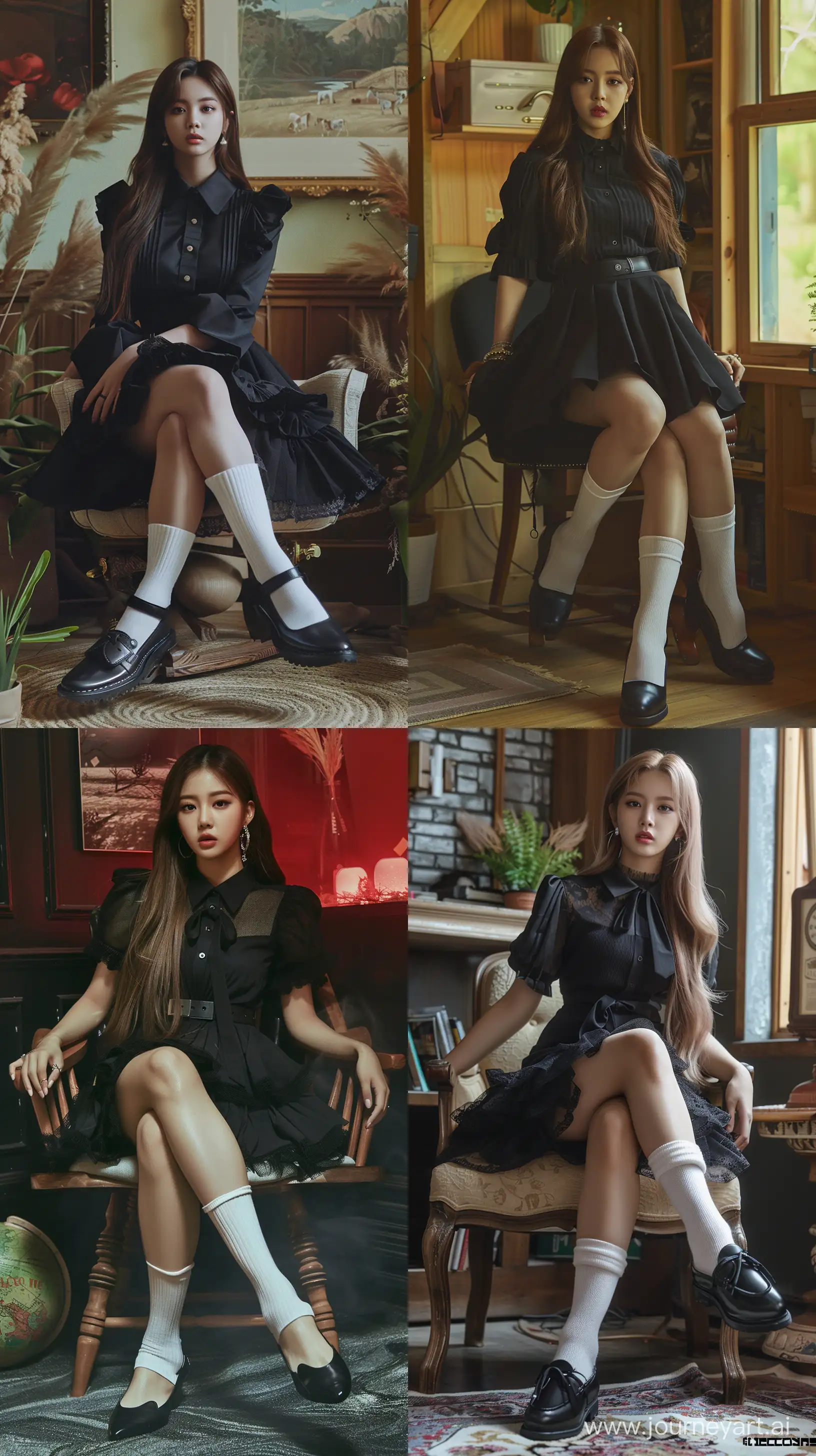 High resolution fashion photo of jennie blackpink's full body shot, wearing black short skirt and black blouse with black loafer shoes and white sock sit on chair,nature studio set, super casual, in the style of jennie, mysterious nocturnal scenes,fuji film, album covers, flickr --ar 9:16 --style raw --stylize 250 --v 6