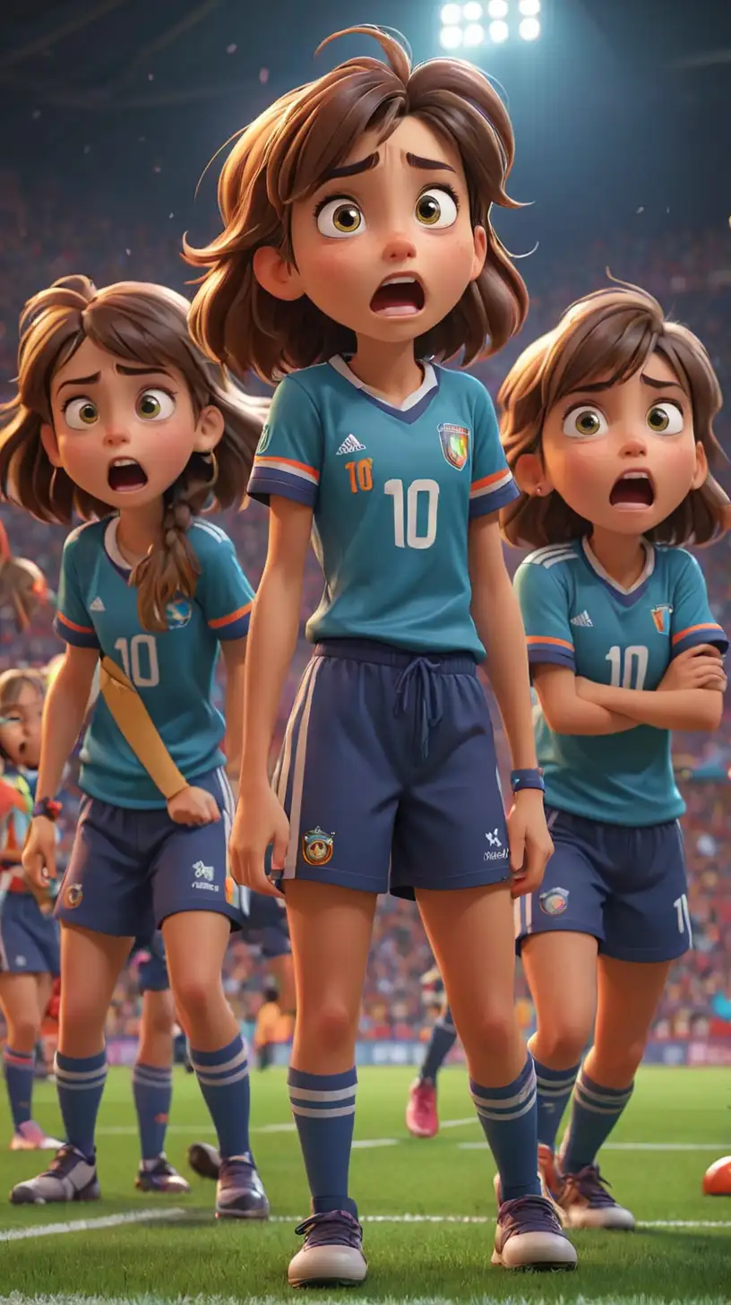 Create a 3D illustrator of an animated scene where a  a team of little bad girls are in shock after a defeat in football game. Beautiful and colourful background illustrations.