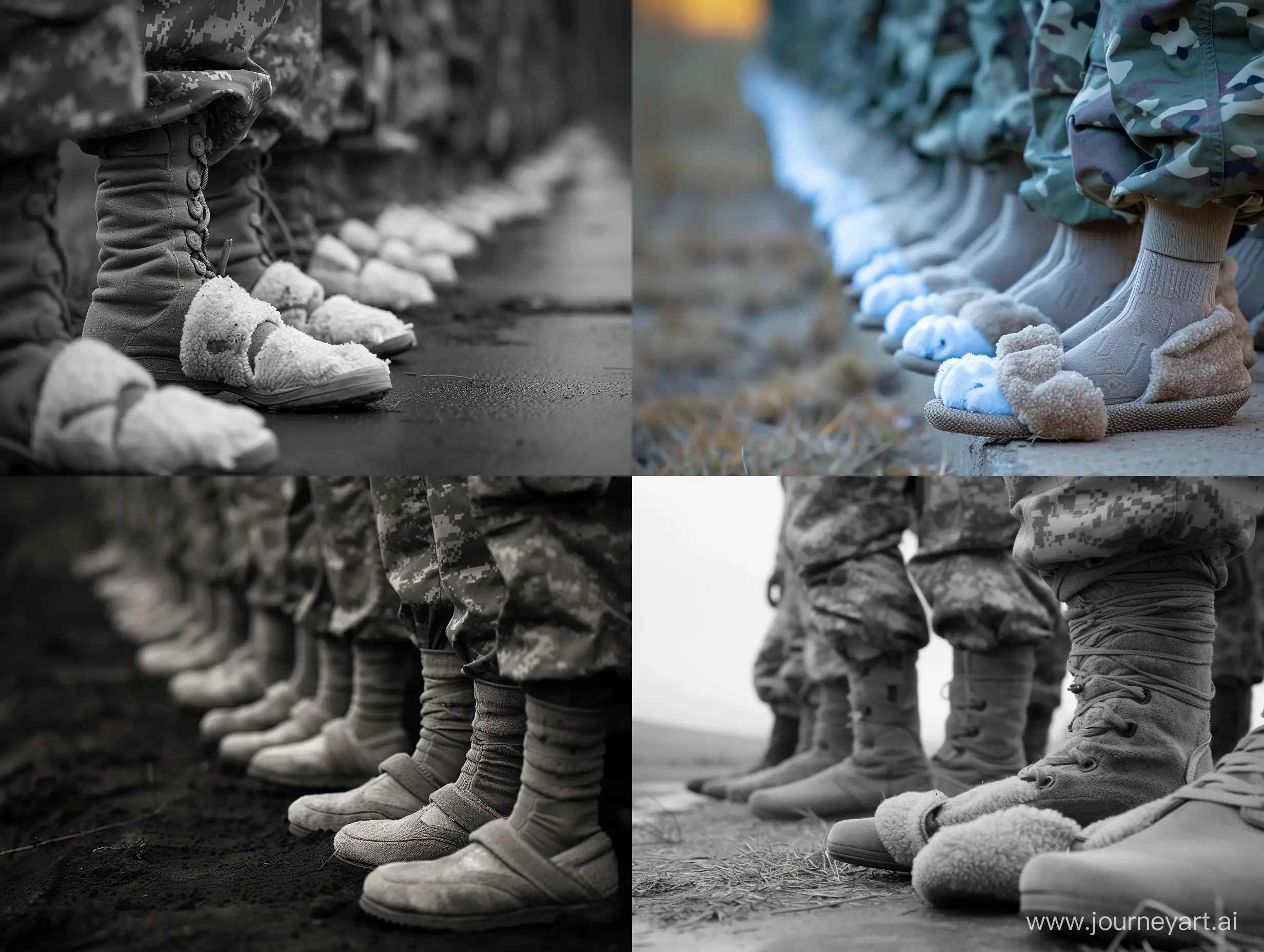 a line of soldier's legs, but one pair of feet in house slippers