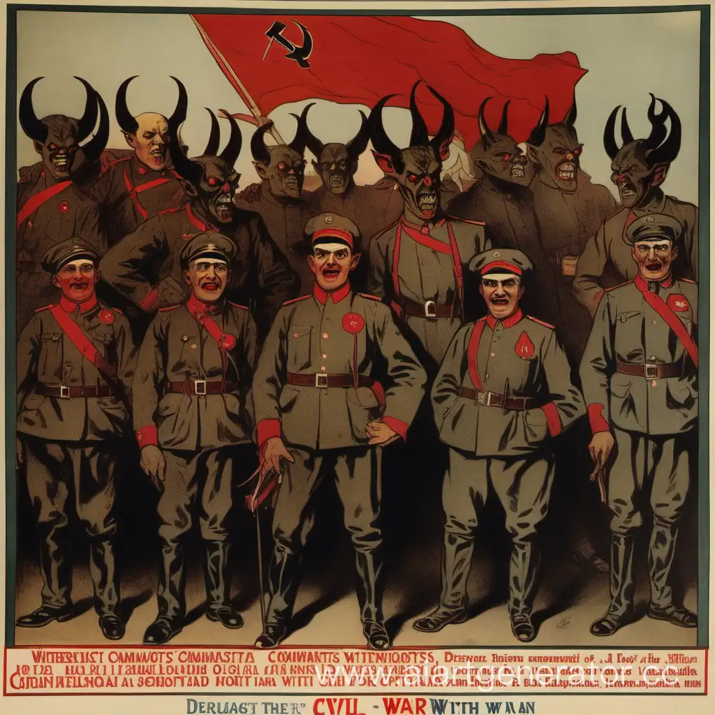 Плакат 1917г. посвященный гражданской войне, где коммунисты это демоны с рогами
