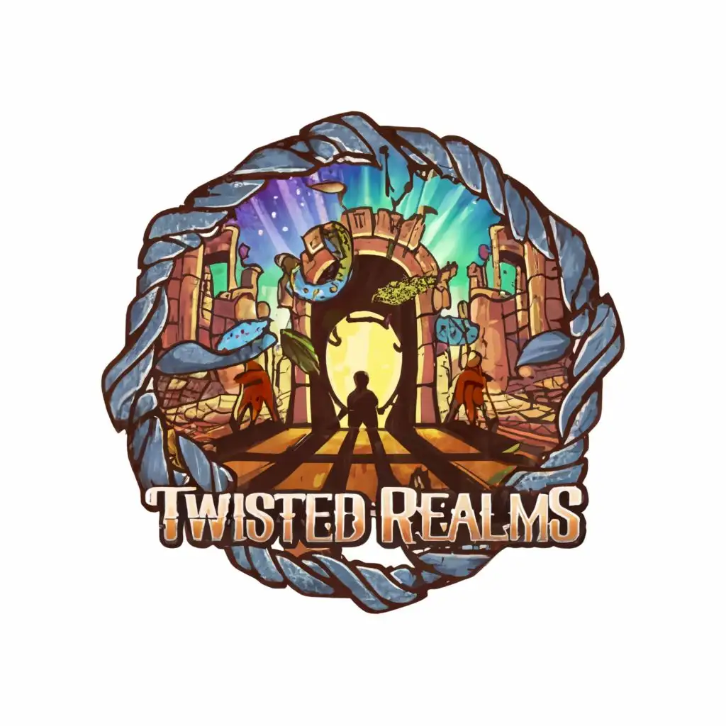 logo, portals doorway worlds wonder fantasy team-silhouette together cartoon blue brown grey purple adventure vibrant ancient whimsy, with the text "Twisted Realms", typography, be used in Entertainment industry