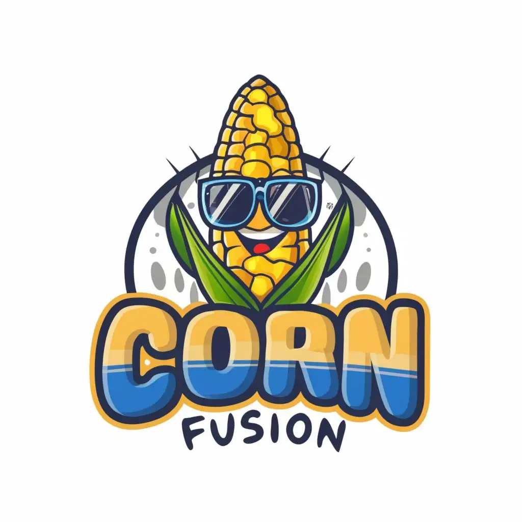 logo, corn on a cob character with sunglasses, with the text "Corn Fusion", typography, be used in Restaurant industry