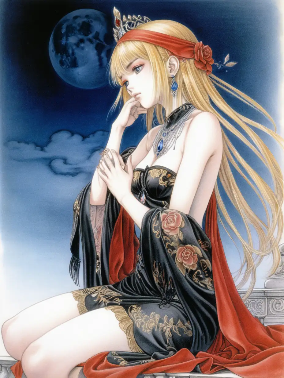 Melancholic Pale Girl with Baroque Motifs and Red Tattoos Takeshi Obata Inspired Art in Aerial Perspective